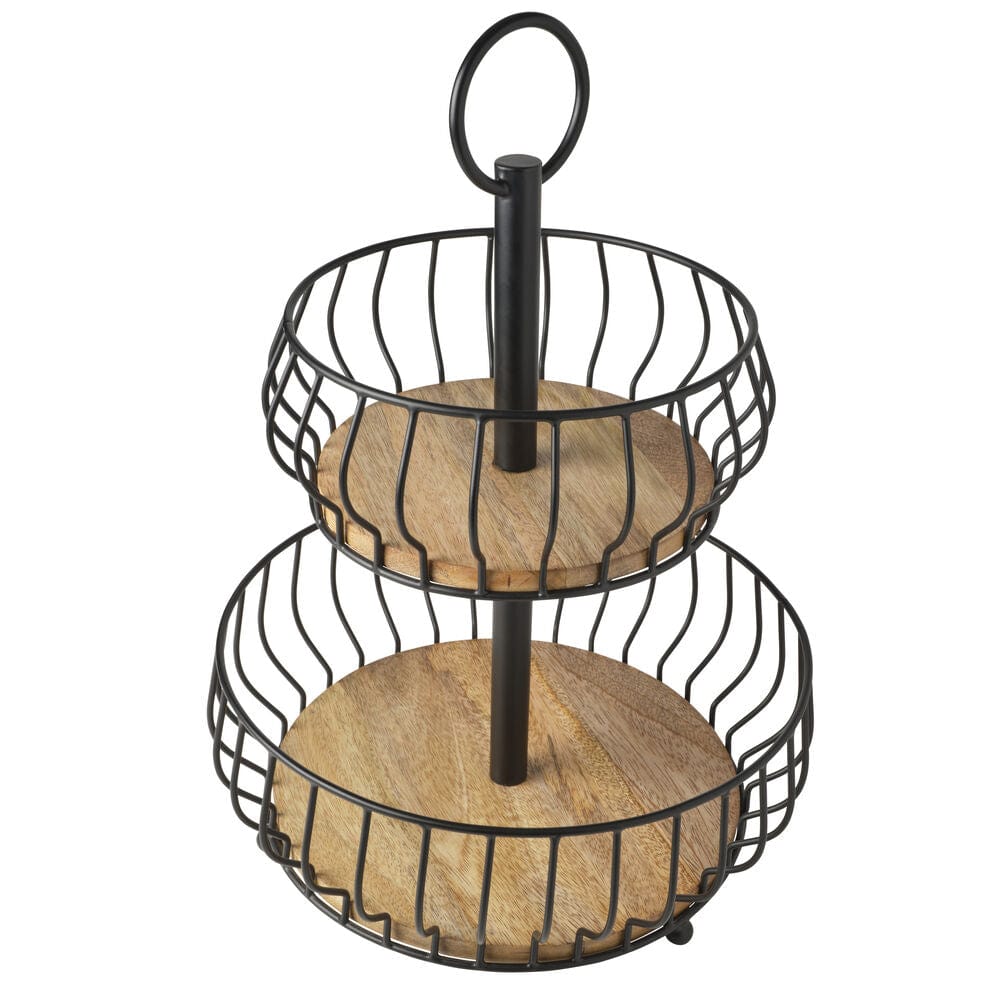 Savannah 2-Tier Wooden Fruit Basket - Organize Fresh Fruits & Vegetables in Kitchen, Pantry, or Dining Table Display