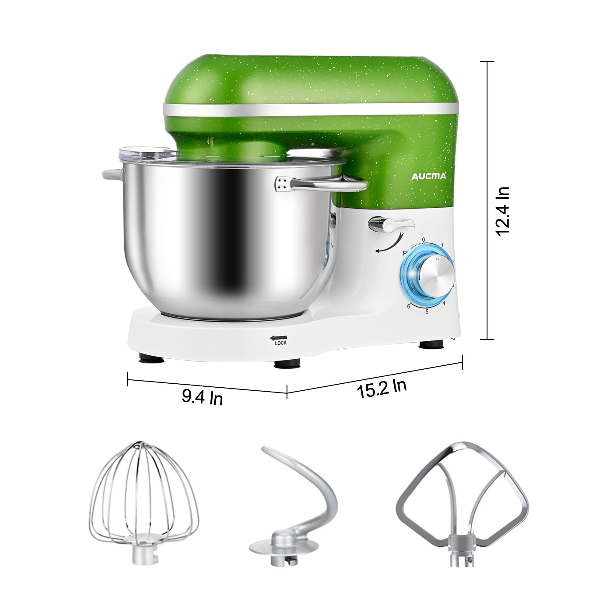 Aucma 6.5QT 660W Stand Mixer - 6-Speed Tilt-Head Electric Kitchen Mixer with Dough Hook, Wire Whip & Beater (Green-White) - Perfect for Baking Cakes, Cookies, Bread & Pastries at Home