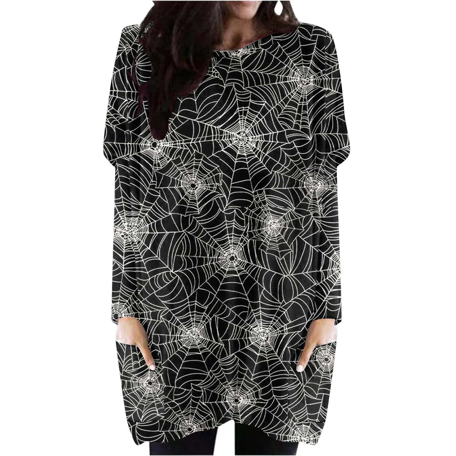 Women's Casual Halloween Dresses 2022 - Funny Printed Loose Blouse with Pockets for Autumn | Gray Party Costume & Everyday Wear