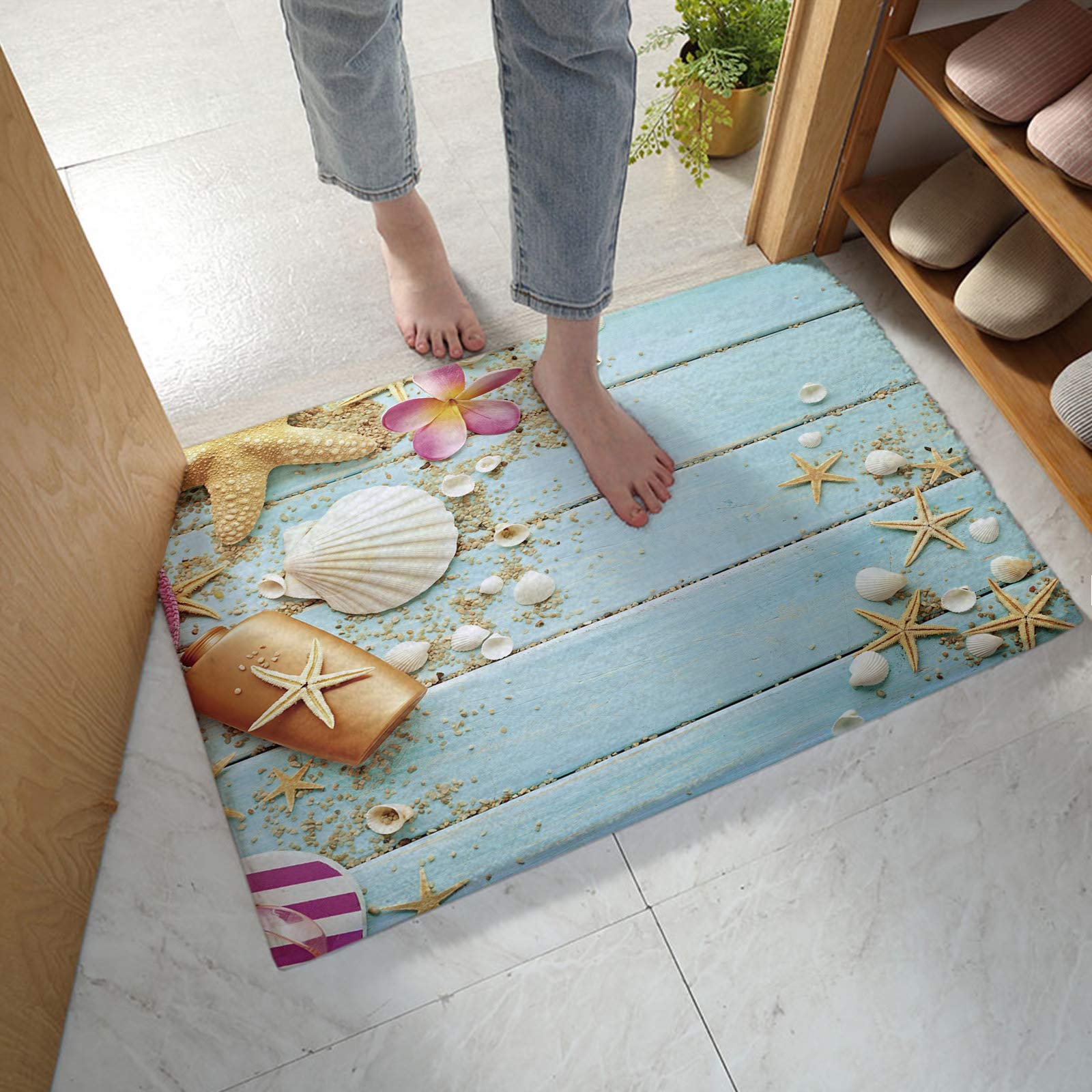 Yun Nist Fluffy Shag Plush Area Rug - Ultra Soft Summer Shells Starfish Flowers Design - Non-Slip Wooden Back Carpet for Bedroom, Living Room, Bathroom & Nursery - Perfect Home Decor Floor Mat for Cozy Spaces & Beach-Themed Interiors