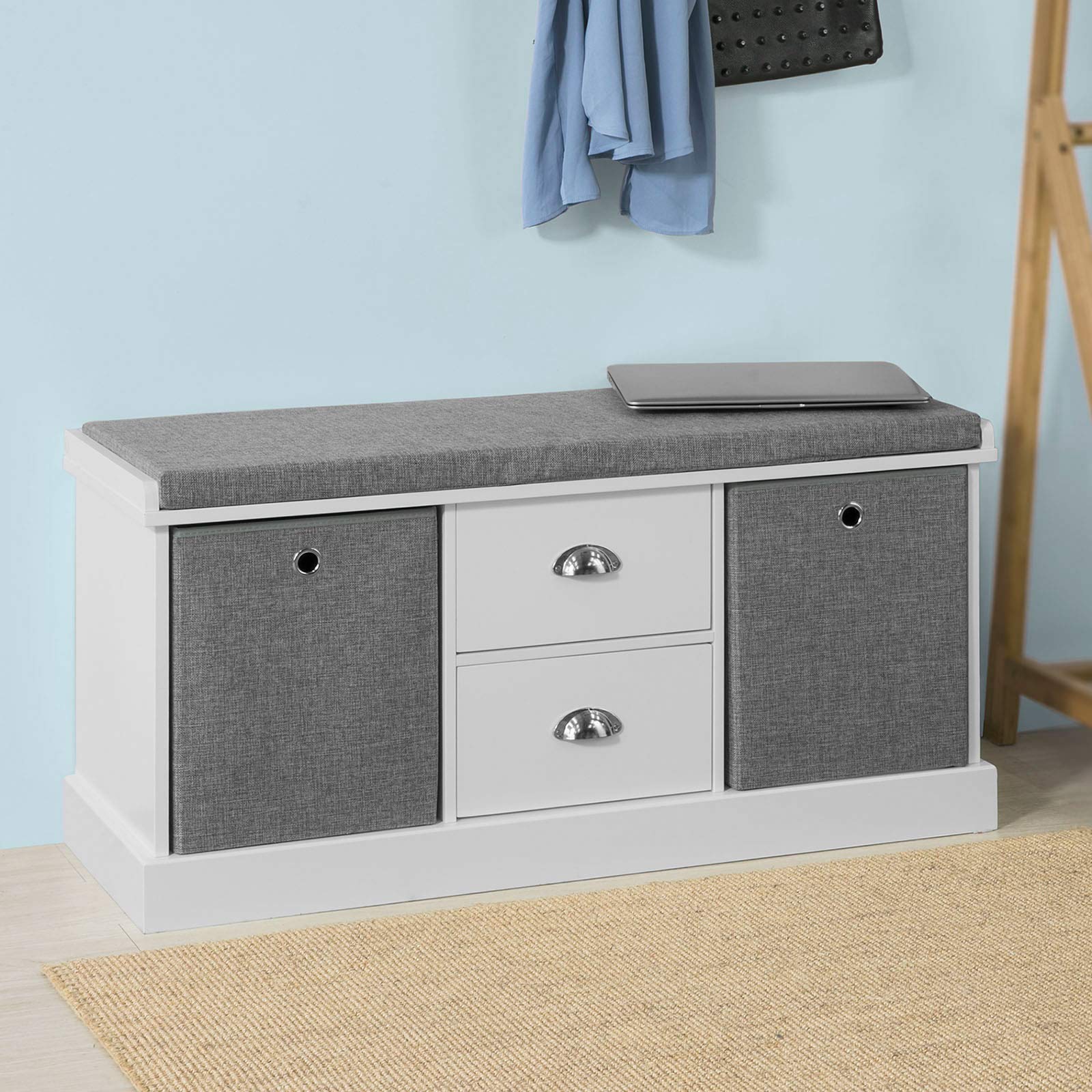 Haotian FSR66-HG 2-Tier Storage Bench with 2 Baskets & 2 Drawers - Multifunctional Entryway Shoe Rack, Shoe Cabinet & Seat with Cushion - Perfect for Hallway, Bedroom & Mudroom Organization