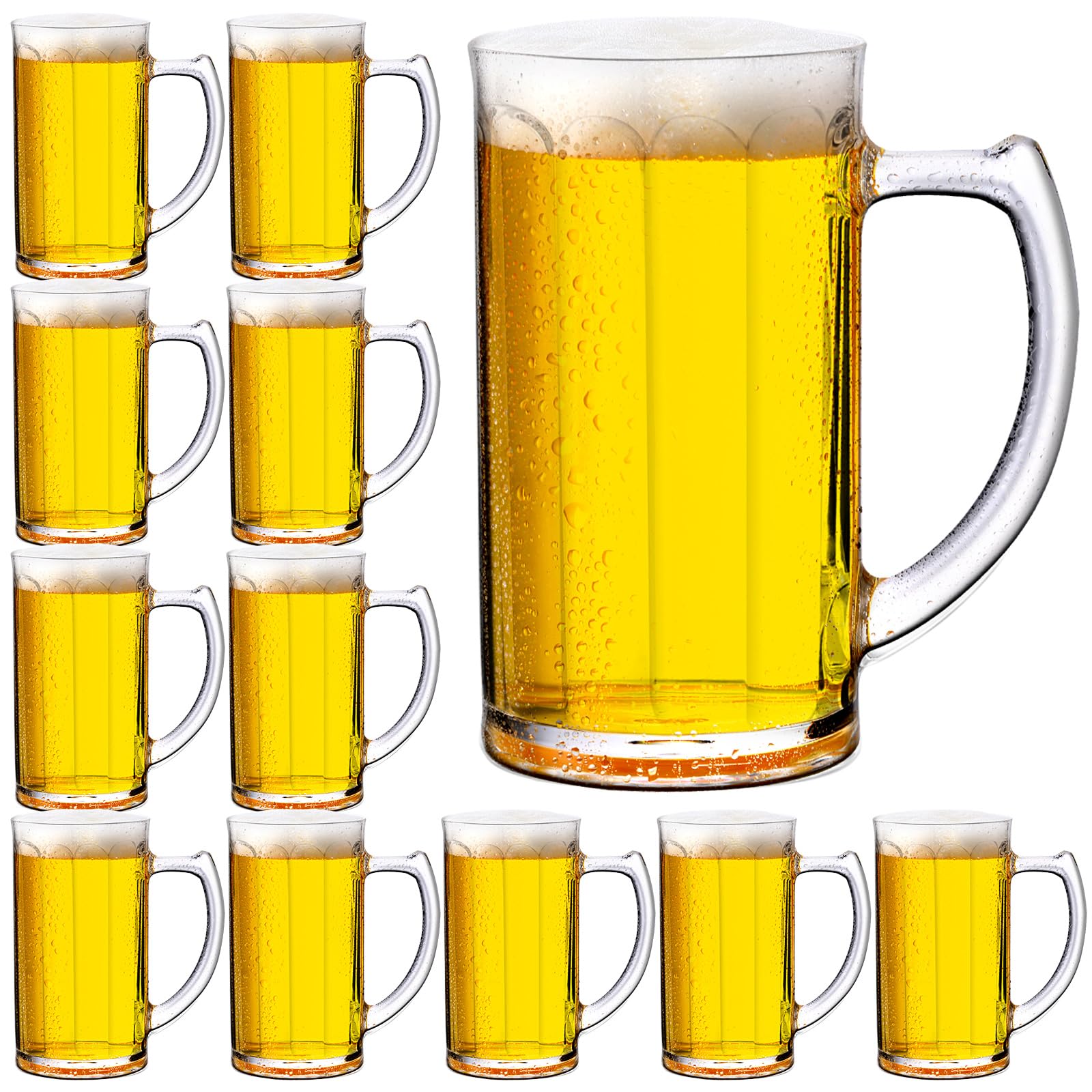 Domensi 12-Pack 12 oz Clear Plastic Beer Mugs with Handles - Reusable, Shatterproof, Dishwasher Safe Drinking Glasses for Beer, Whiskey, Juice, Coffee, Tea & Cocktails - Perfect for Parties, BBQs, Bars, and Outdoor Events
