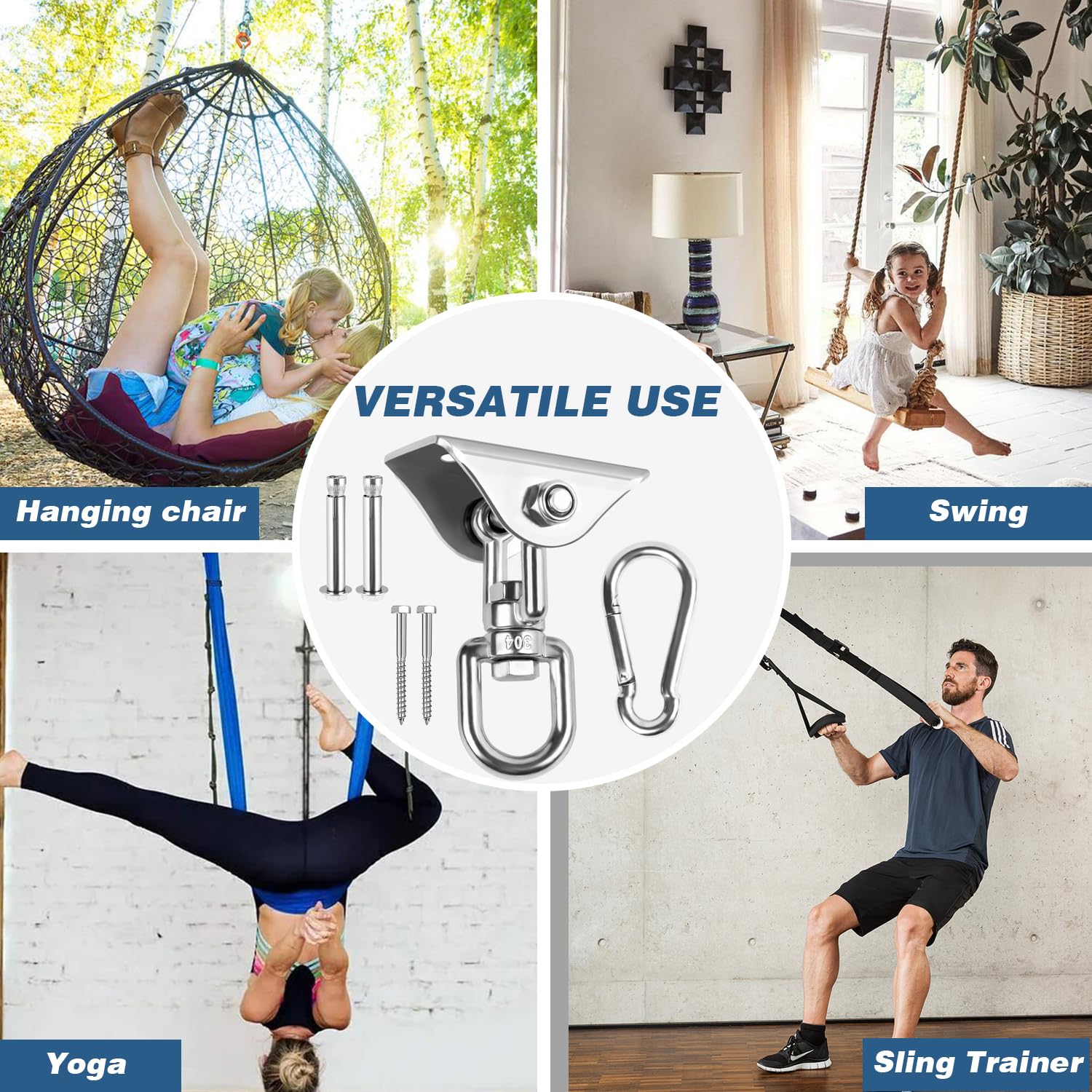 Heavy Duty 1200 lb Capacity Stainless Steel Swing Hangers for Wooden/Concrete Swing Set - 360° Rotating Hammock Hanging Kit - Perfect for Yoga Swings, Porch Chairs, Tree Swings & Indoor/Outdoor Use (Silver)