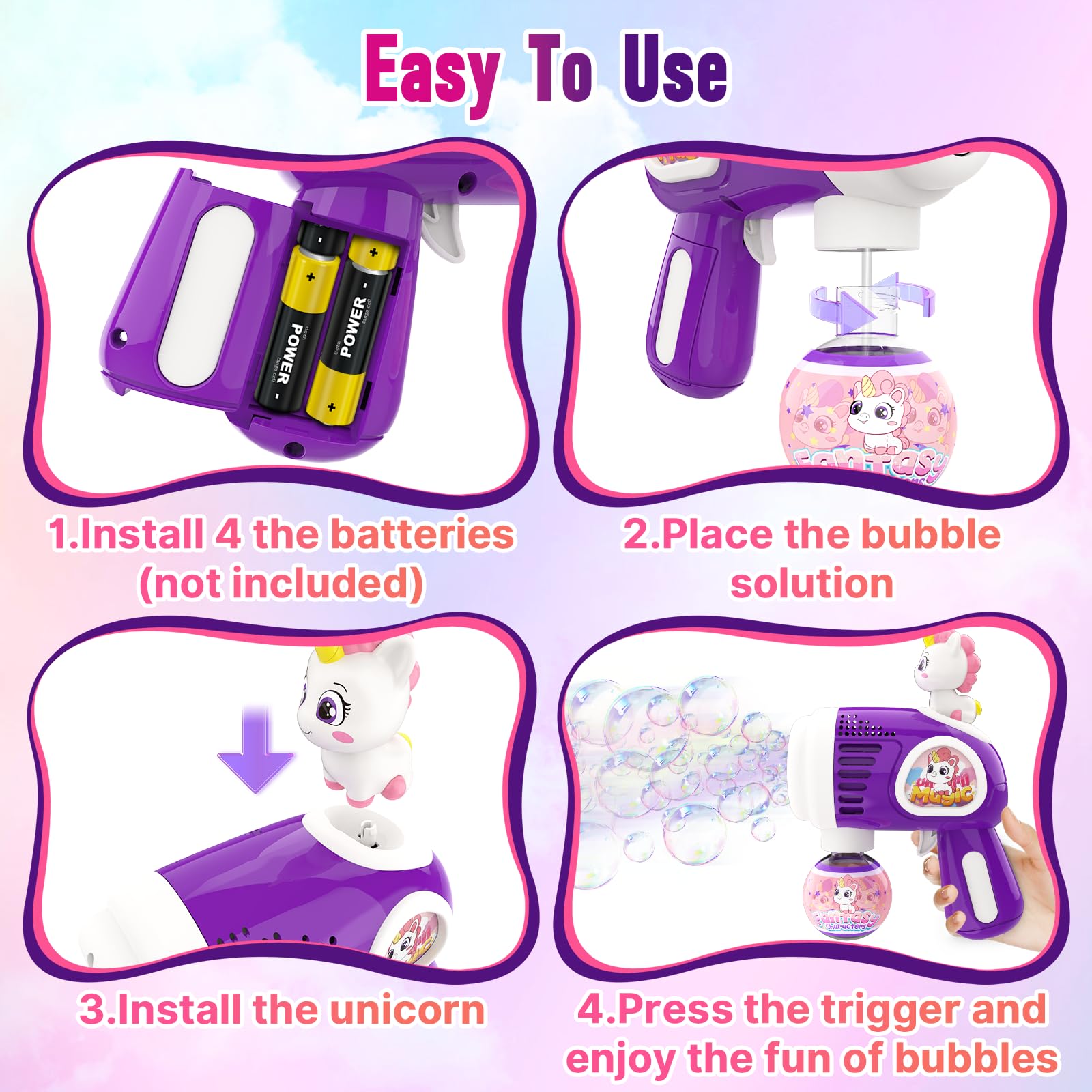 LED Unicorn Bubble Blaster Gun for Kids - 2 Pack with 2 Bottles & 10 Bags Refill Solution, Light Up Bubble Machine Toy for Toddlers Boys Girls - Perfect Birthday Gift, Children's Day & Party Favors | Outdoor Play, Backyard Fun, Birthday Parties & Summer Activities