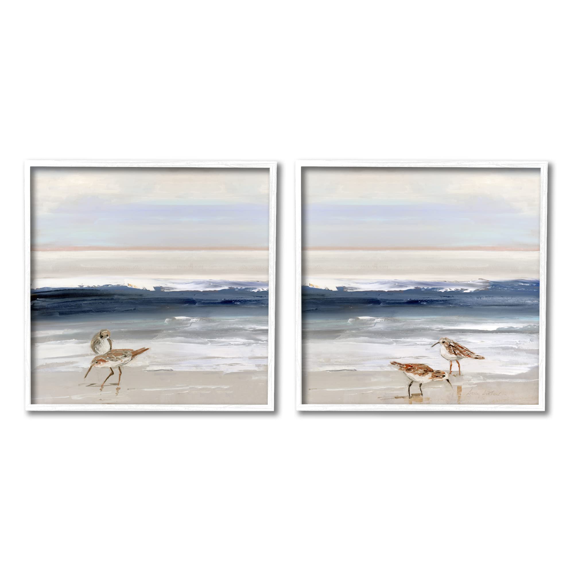 Stupell Industries Birds on Beach Shore Ocean Waves Blue Sky Landscape Wall Art - Sally Swatland Design - Coastal Decor for Living Room, Bedroom & Office