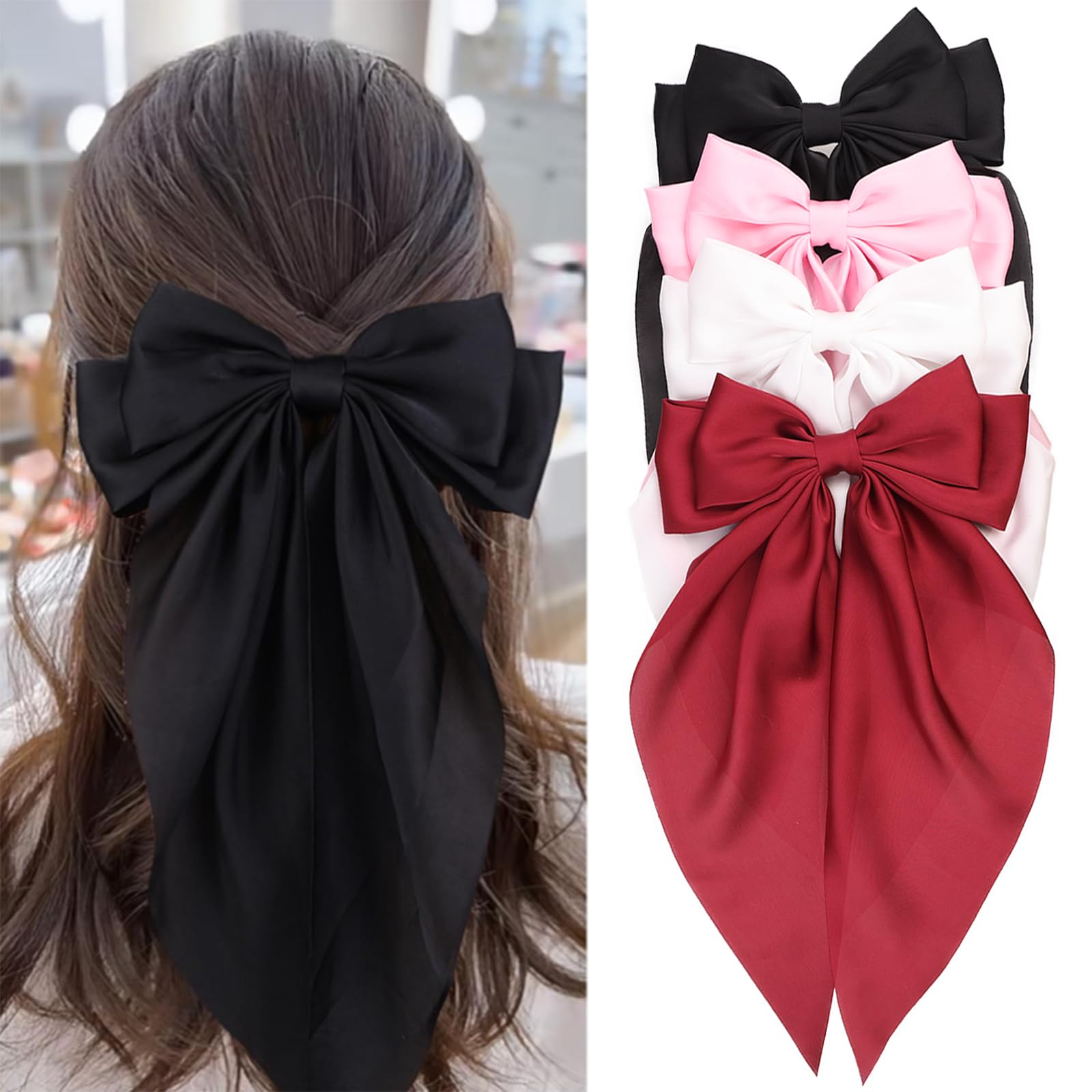 MRJ 4 Pack Large Satin Hair Bows for Women & Girls - Elegant Hair Clips with Metal Barrettes, Aesthetic Bowknot Hair Accessories for Parties, Weddings & Daily Styling