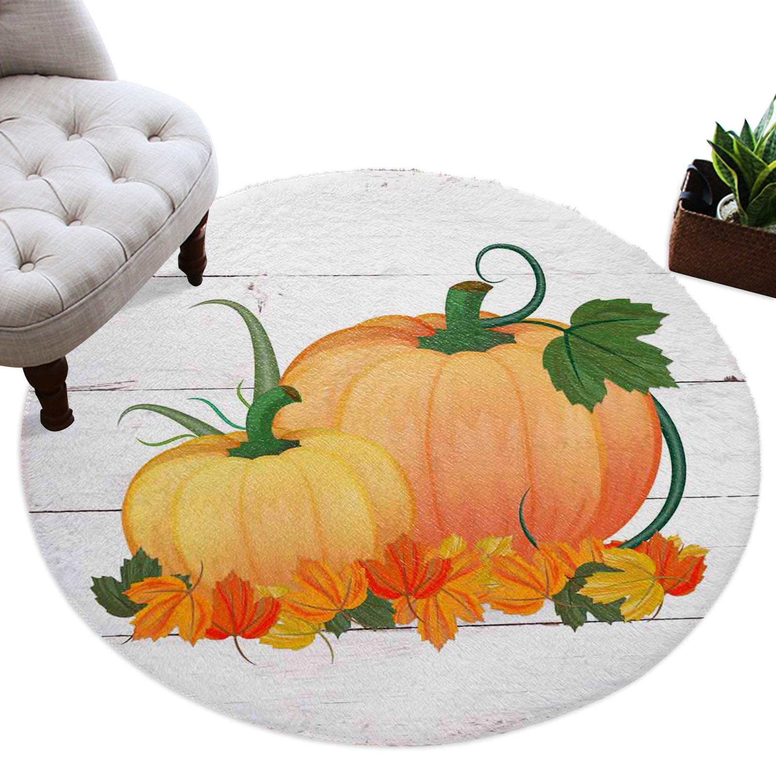 Kids Round Area Rugs - 5ft Soft Plush Non-Slip Shag Carpet with Autumn Pumpkin Woodgrain Design for Nursery, Bedroom & Living Room | Modern Home Decor Thanksgiving Fall Floor Mat for Cozy Family Gatherings