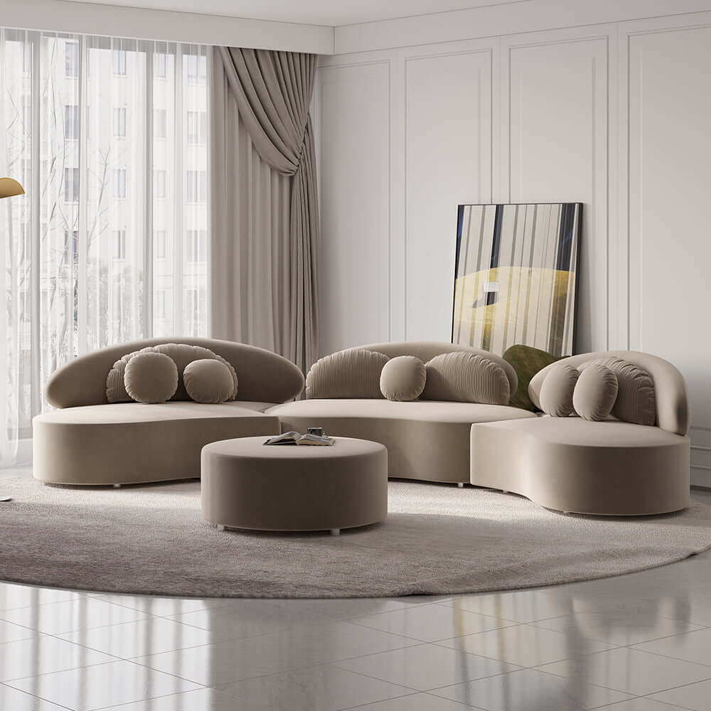 Modern 7-Seat Round Sectional Sofa - Beige Velvet Upholstered with Ottoman & Throw Pillows | Luxury Living Room Furniture for Home Theater & Family Gatherings
