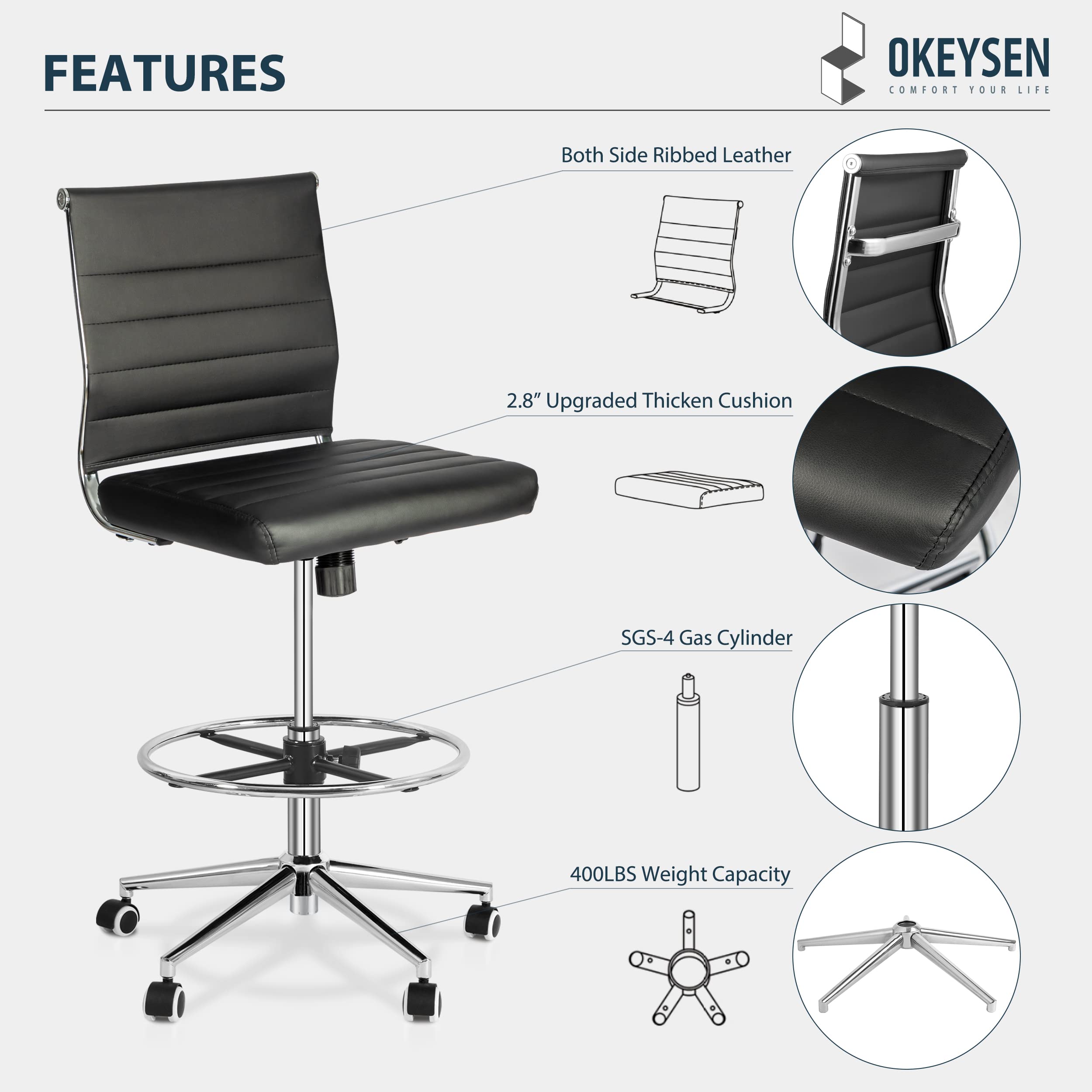 Okeysen Armless Drafting Chair - Adjustable Height PU Leather Office Chair for Standing Desks, Mid Back Support Rolling Stool with Footrest - Perfect for Home Office, Studio & Architectural Workspaces