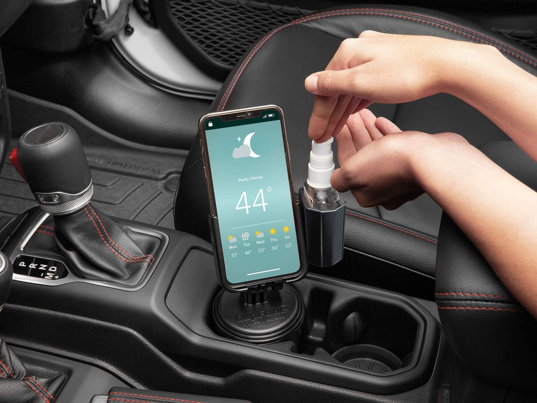 WeatherTech CupFone with Hand Sanitizer Holder - Adjustable Universal Cup Holder Phone Mount for Car & Truck - Compatible with iPhone & Android Smartphones - Graphite Metal Knobs - Perfect for Road Trips, Commuting & Hands-Free Driving