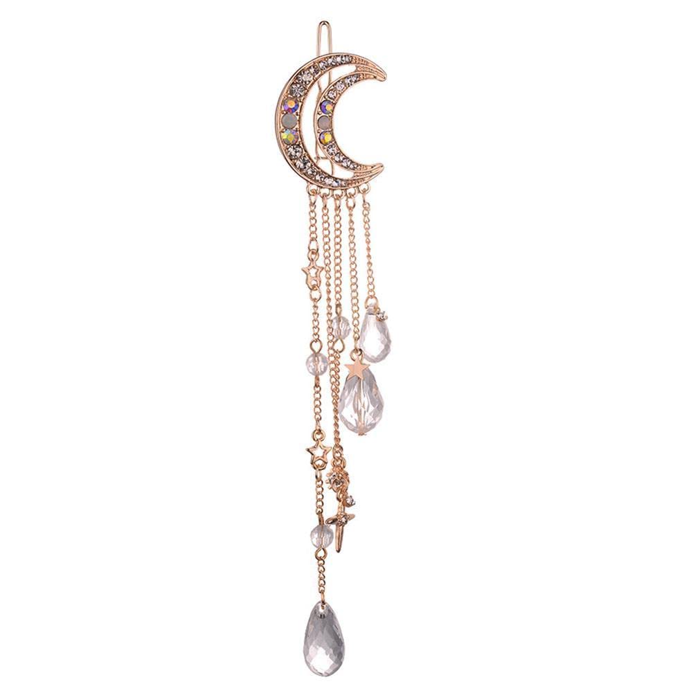 XIAOL Crescent Moon Hair Clips - Crystal Rhinestone Beads Dangle Hairpins for Women & Girls, Romantic Star Tassel Hair Accessories for Bridal, Party & Everyday Wear