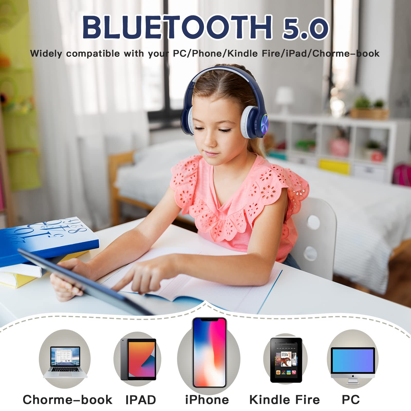 **2024 Kids Bluetooth Headphones with LED Lights - Wireless & Wired Headset for Ages 3-21, 94dB Volume Limit, Built-in Mic, TF Card Support - Perfect for School, iPad, PC, TV & Mobile (Navy Blue)**    **Usage Scenarios:** Ideal for online learning, gaming, music, watching videos, and travel entertainment.