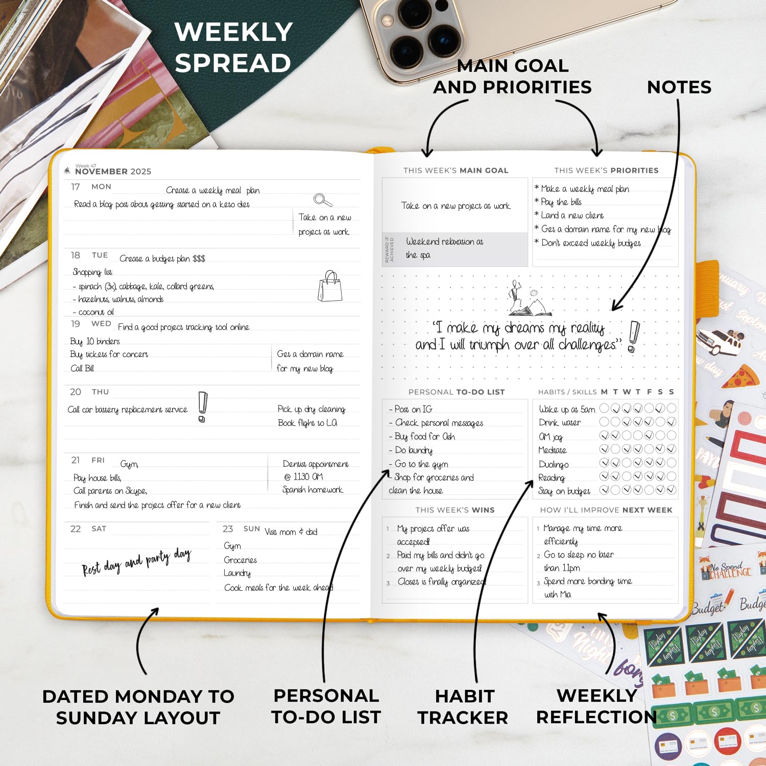 Clever Fox Premium Dated Planner 2025 - Weekly & Monthly Agenda Organizer for Time Management - Productivity Notebook with Habit Tracker, To-Do List & Goal Setting (Amber Yellow) - Perfect for Students, Professionals & Busy Moms