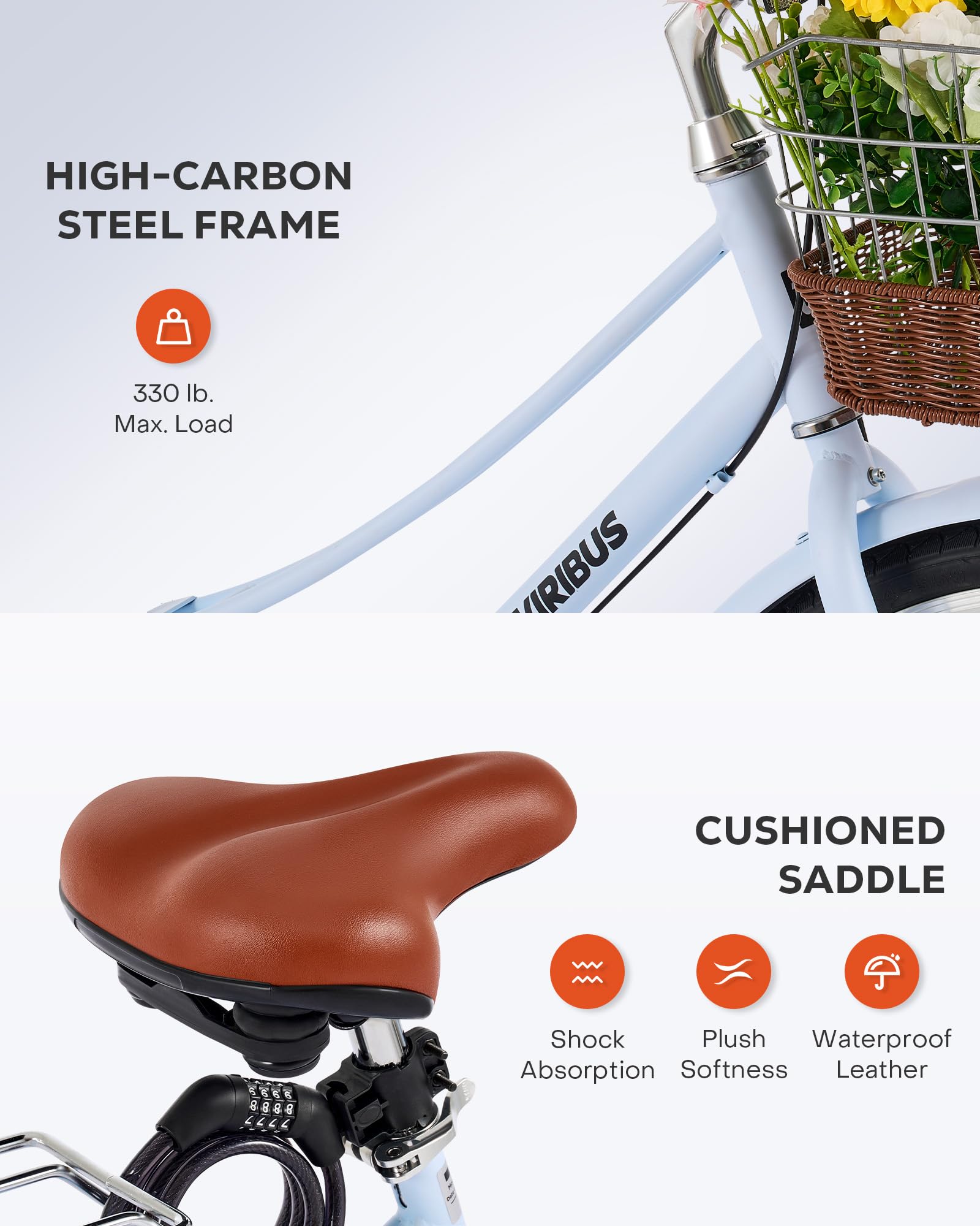 Viribus Women's Beach Cruiser Bike - 24 & 26 Inch Step-Through Frame with Rattan Basket, Rear Rack & Lock - Single Speed City Commuter Bicycle for Short Women, Female Seniors (330 lb Capacity) - Perfect for Beach Rides, City Commuting & Leisure Cycling