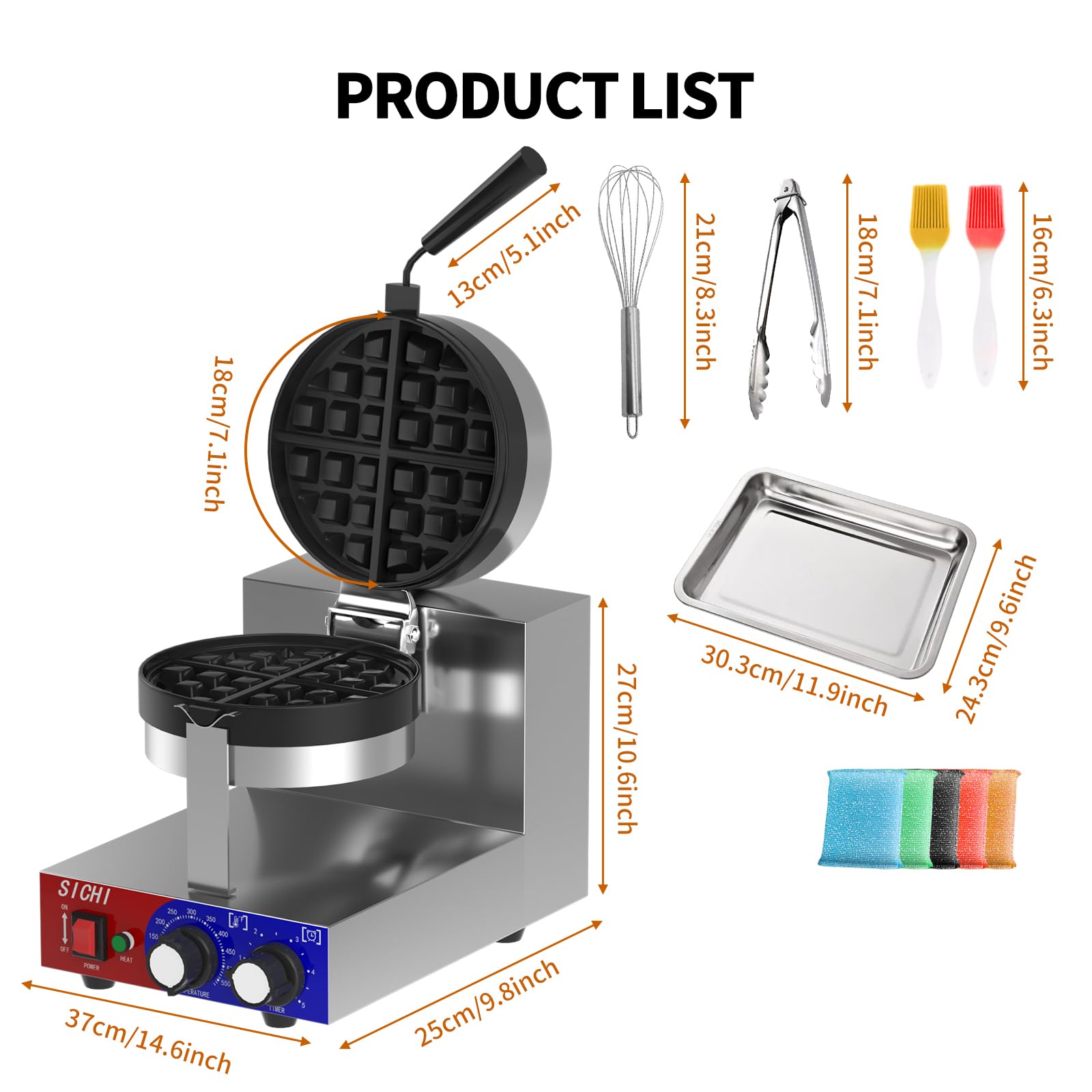 SICHI Commercial Waffle Maker - 1200W Belgian Waffle Iron with Non-Stick Baking Pan, 550°F Fast Heating, Rotating Stainless Steel Waffle Machine for 1.2