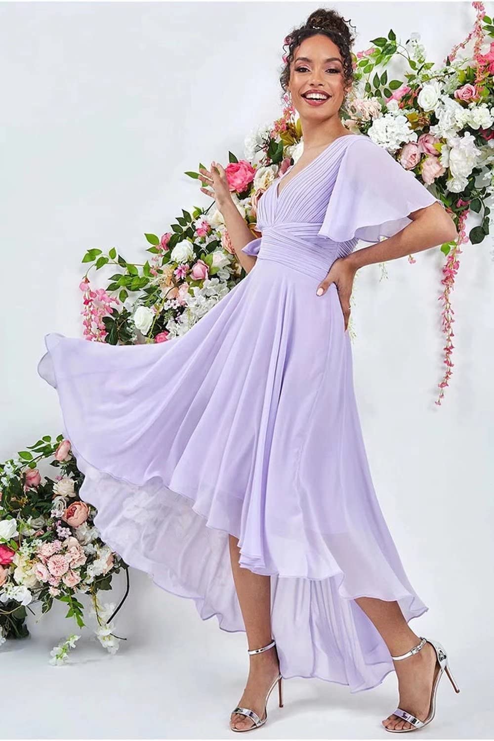 Elegant Chiffon Bridesmaid Dress with Flutter Sleeves & High-Low Hem - Perfect for Weddings, Prom, Evening Parties & Formal Events