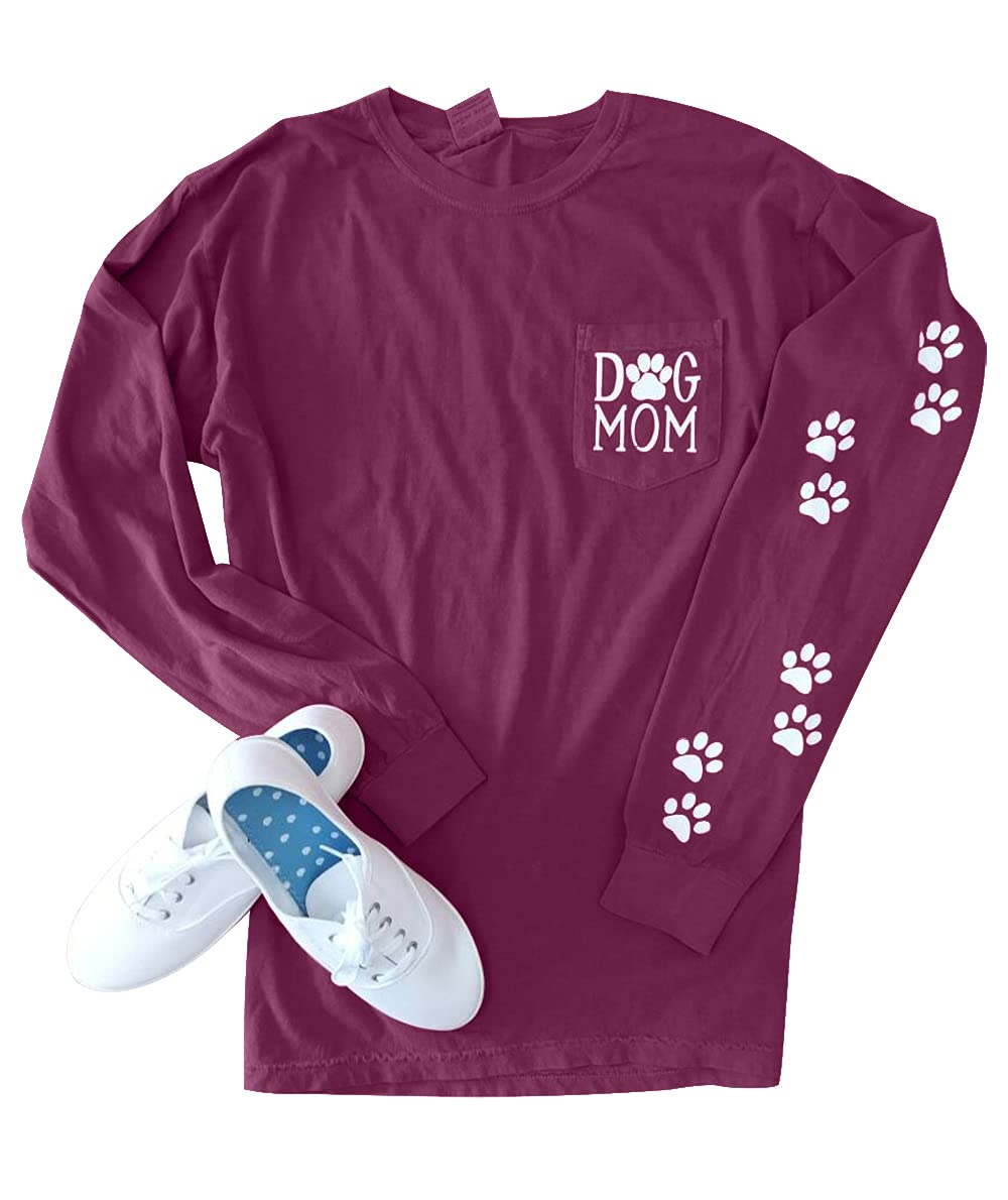 Dog Mom Pullover - Cute Dog Lover Graphic Tee with Paw Print Design & Patch Pocket | Women's Casual Long Sleeve Shirt for Dog Owners | Perfect for Pet Lovers, Dog Walks & Cozy Outfits