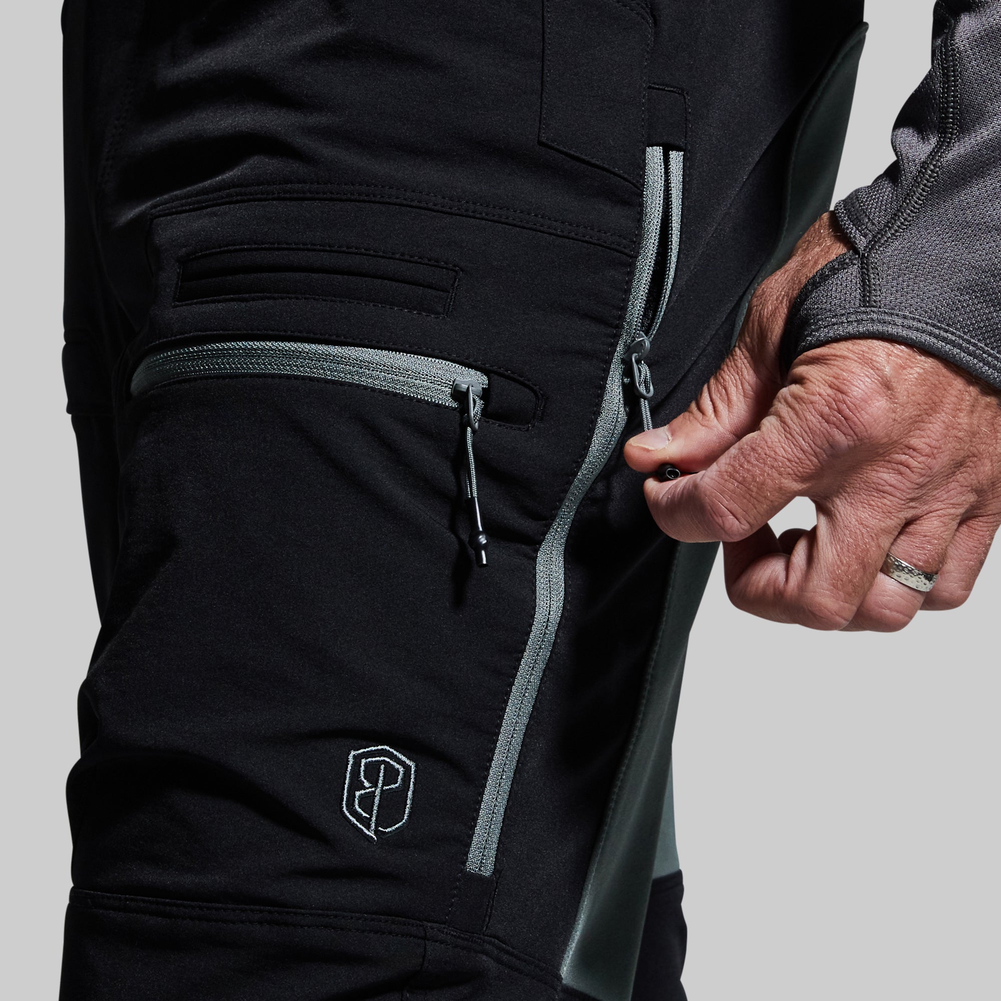 Men's Frontier Outdoor Pants - Black with Fog Knee Panels for Hiking, Camping & Adventure Activities