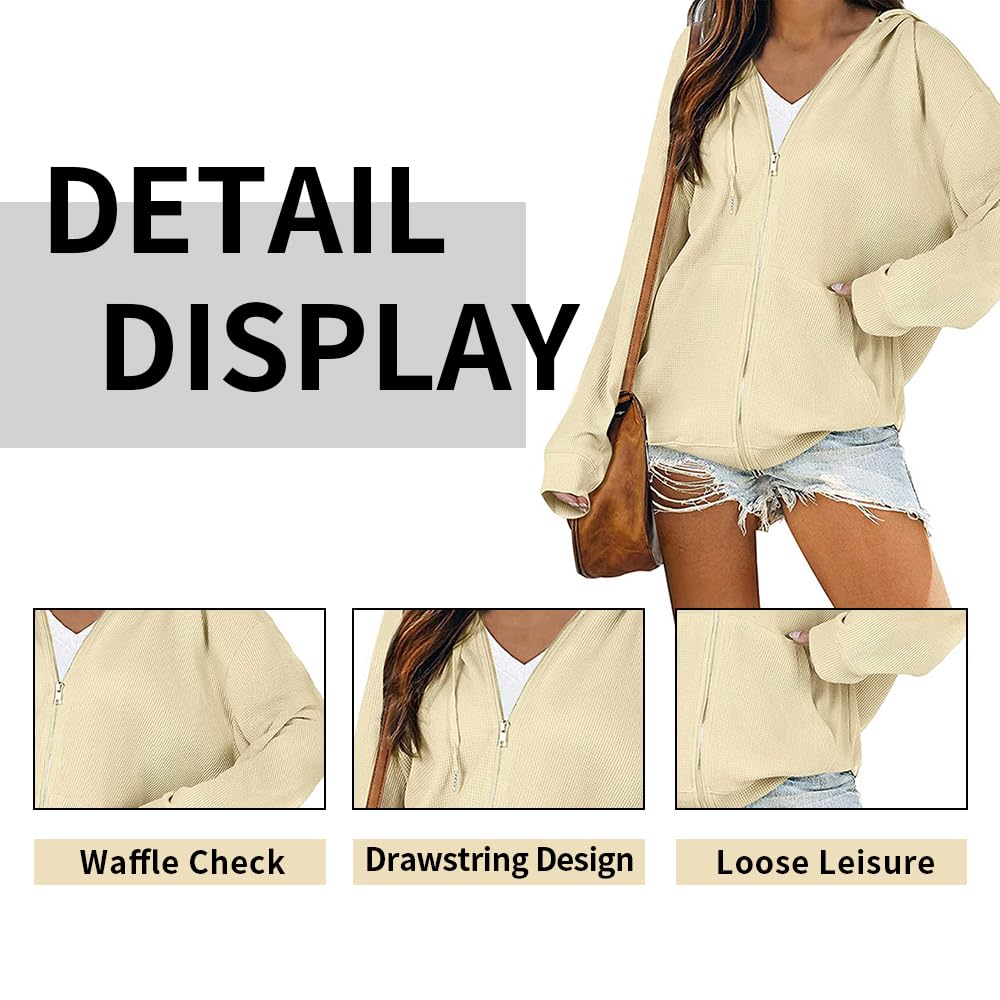 TBA Women's Waffle Knit Hooded Zip-Up Jacket - Loose Fit Long Sleeve Casual Sweatshirt with Drawstring & Pockets | Perfect for Outdoor Activities, Lounge Wear & Fall Layering
