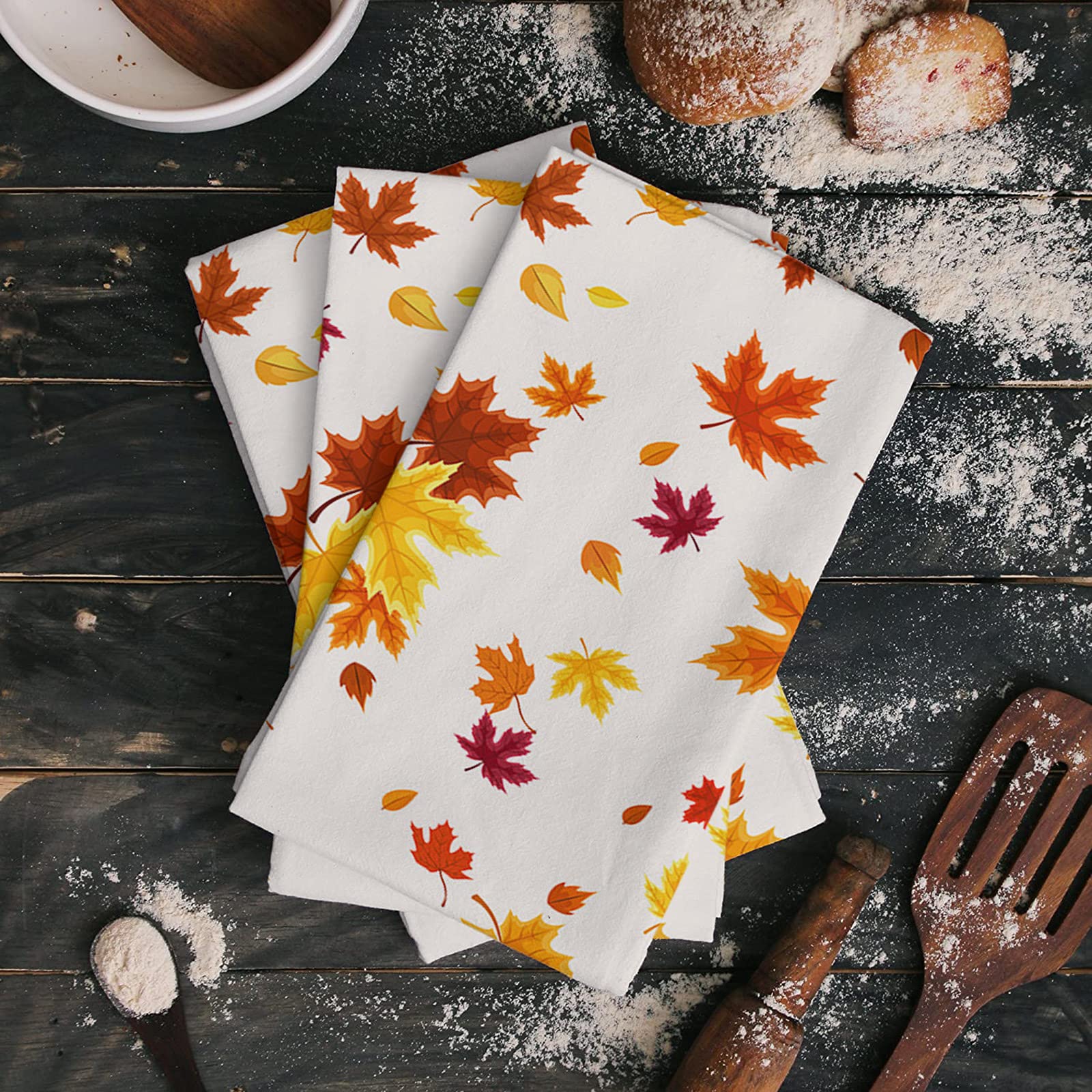 Premium Smile Sunflower Microfiber Kitchen Towels - Super Absorbent Reusable Dish Cloths (18x28 Inch) - Thanksgiving Maple Leaves Orange Plaid Design for Drying Dishes & Cleaning - Perfect for Kitchen, Dining, and Holiday Decor