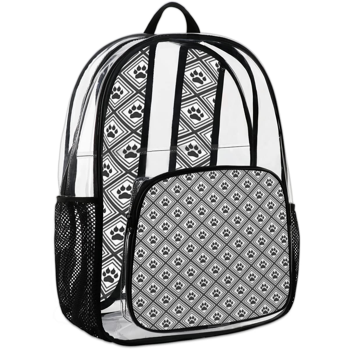 Animal Paw Print Rhombus Clear PVC Backpack - Heavy Duty Transparent Stadium Approved Large Laptop Backpack for Work, Travel, Sports & Concerts | Perfect for School, Music Festivals and Security Checkpoints