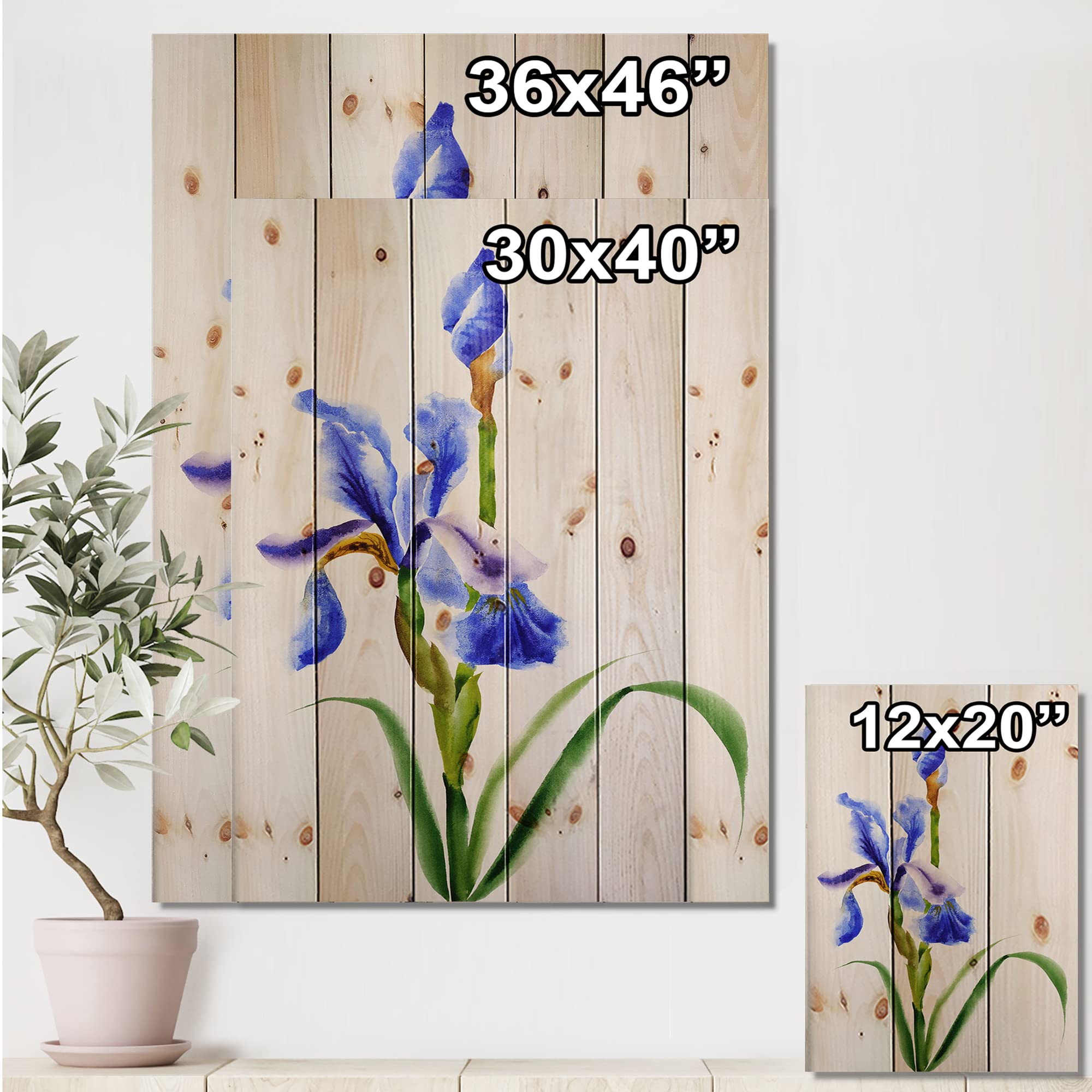 DesignQ Retro Blue Iris Flower Traditional Wood Wall Decor - Handcrafted Large Floral Wood Wall Art Panels Printed on Natural Pine - Perfect for Living Room, Bedroom & Office Wall Decoration