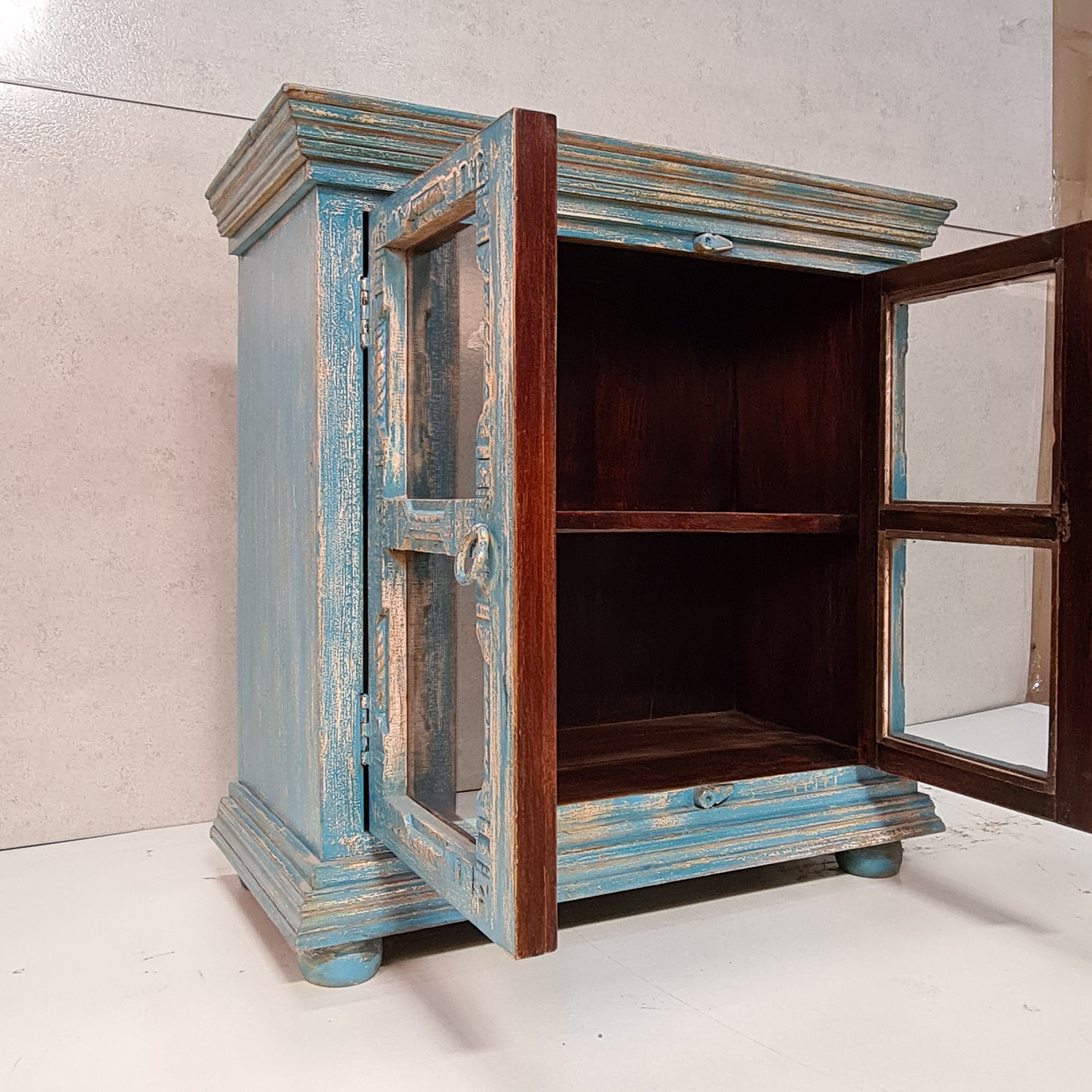 Handcrafted Indian Solid Hardwood Carved Cabinet with 2 Doors - Blue, 96x45x97cm - Perfect for Living Room, Bedroom & Home Office Storage