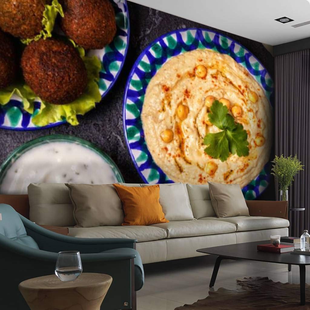 Classic Falafel and Hummus Egyptian Food Peel and Stick Wallpaper - Self-Adhesive Removable Vinyl Wall Mural for Kitchen, Dining Room Decor | Large Wall Sticker, Shelf Paper, Home Decoration