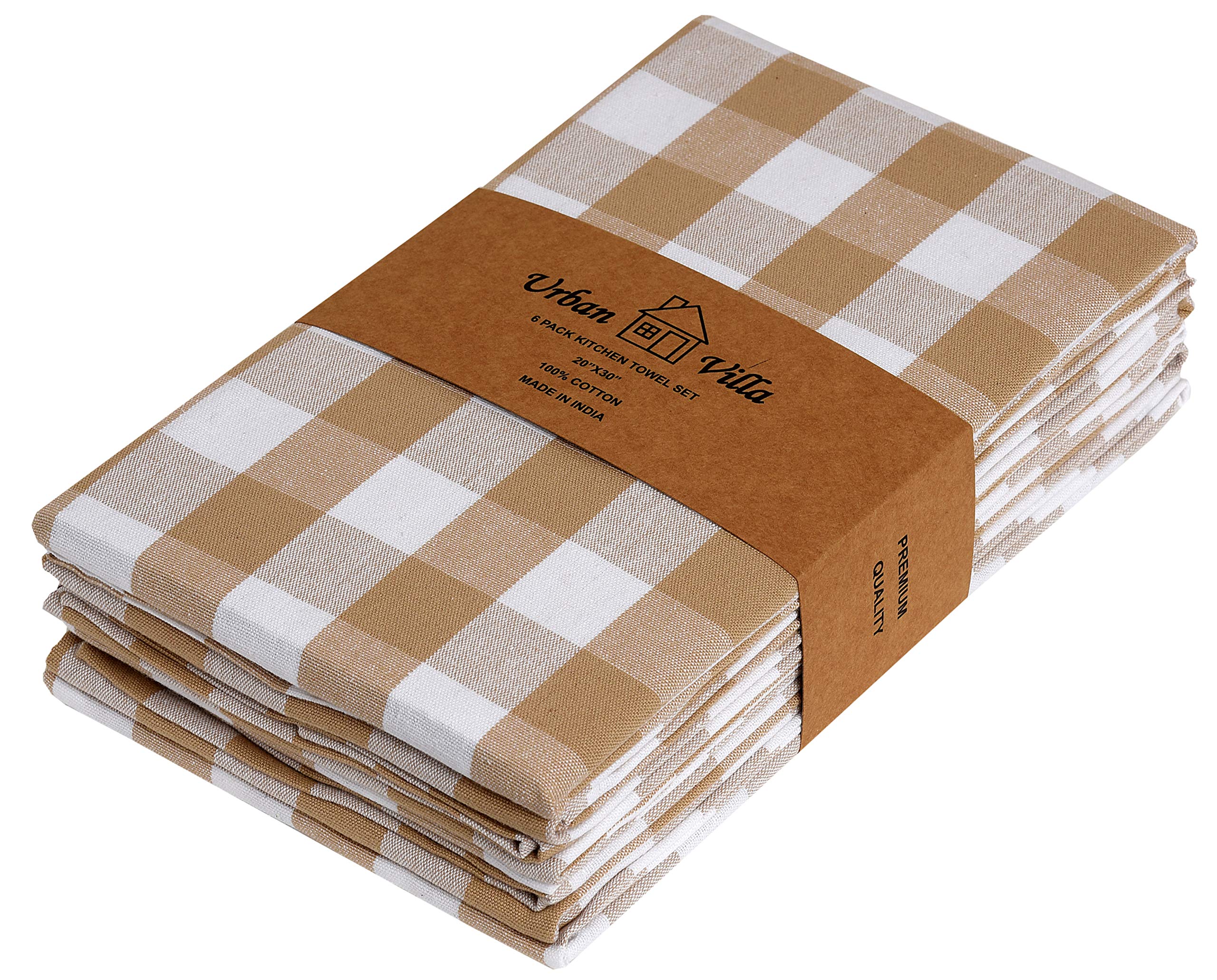 Urban Villa 6-Pack Buffalo Check Taupe/White Kitchen Towels | 20x30 Inches 100% Cotton | Highly Absorbent, Ultra Soft with Mitered Corners | Perfect for Drying Dishes, Cleaning Counters, and Adding Farmhouse Charm