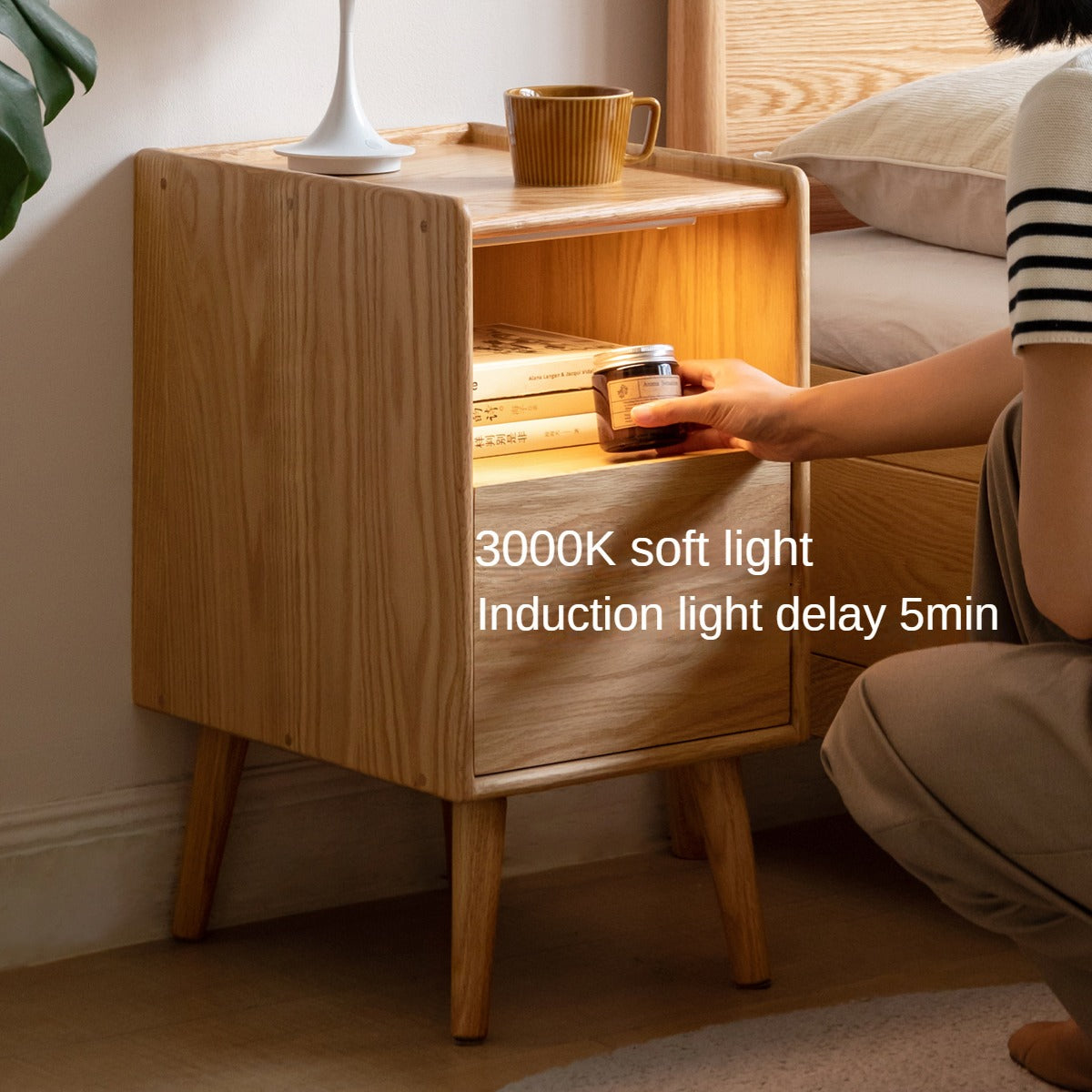 Solid Wood Ultra Narrow Nightstand - Oak, Rubber, Cherry - Perfect for Small Bedrooms, Apartments & Tight Spaces