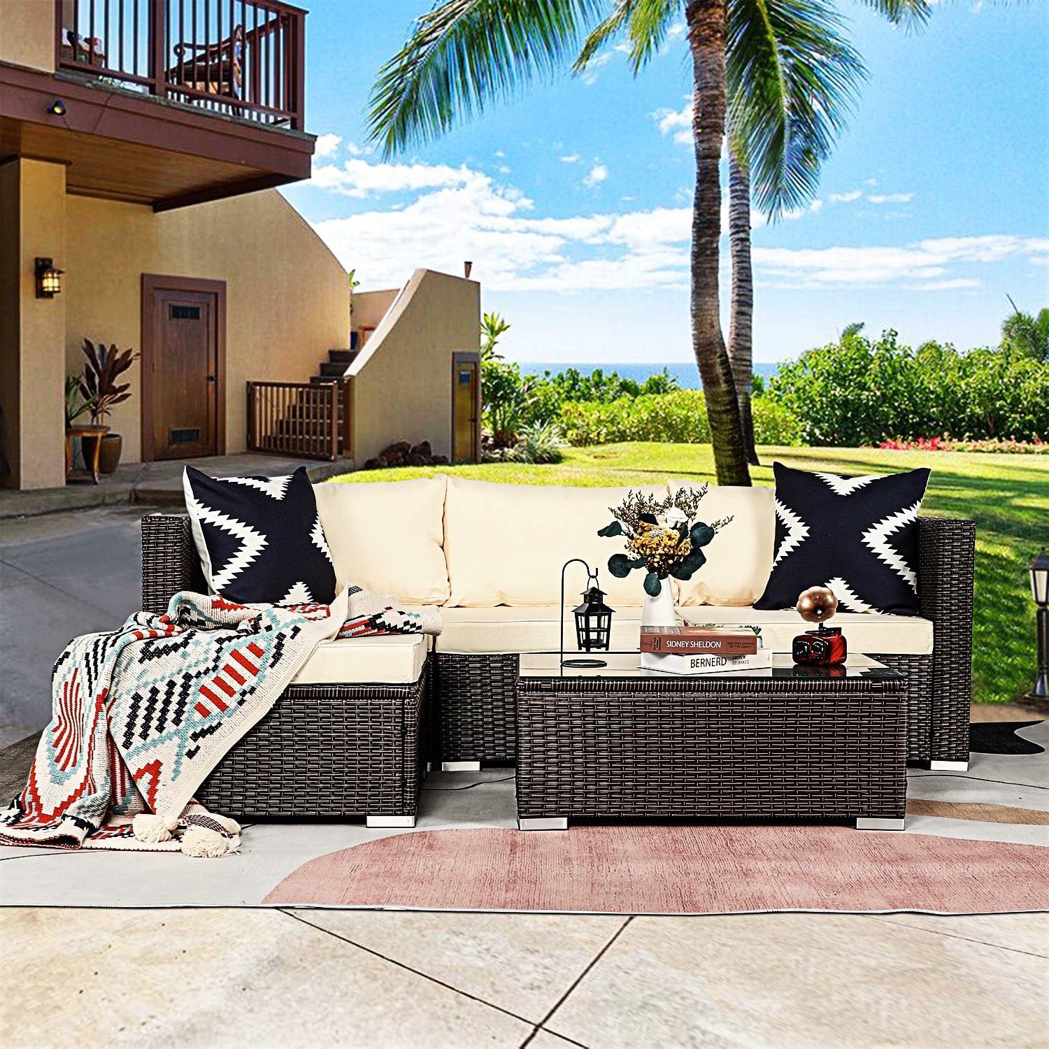 Stylish Sarantino 5-Piece Modular Outdoor Lounge Set - Durable PE Rattan Furniture in Elegant Brown | Perfect for Patio, Garden & Poolside Relaxation