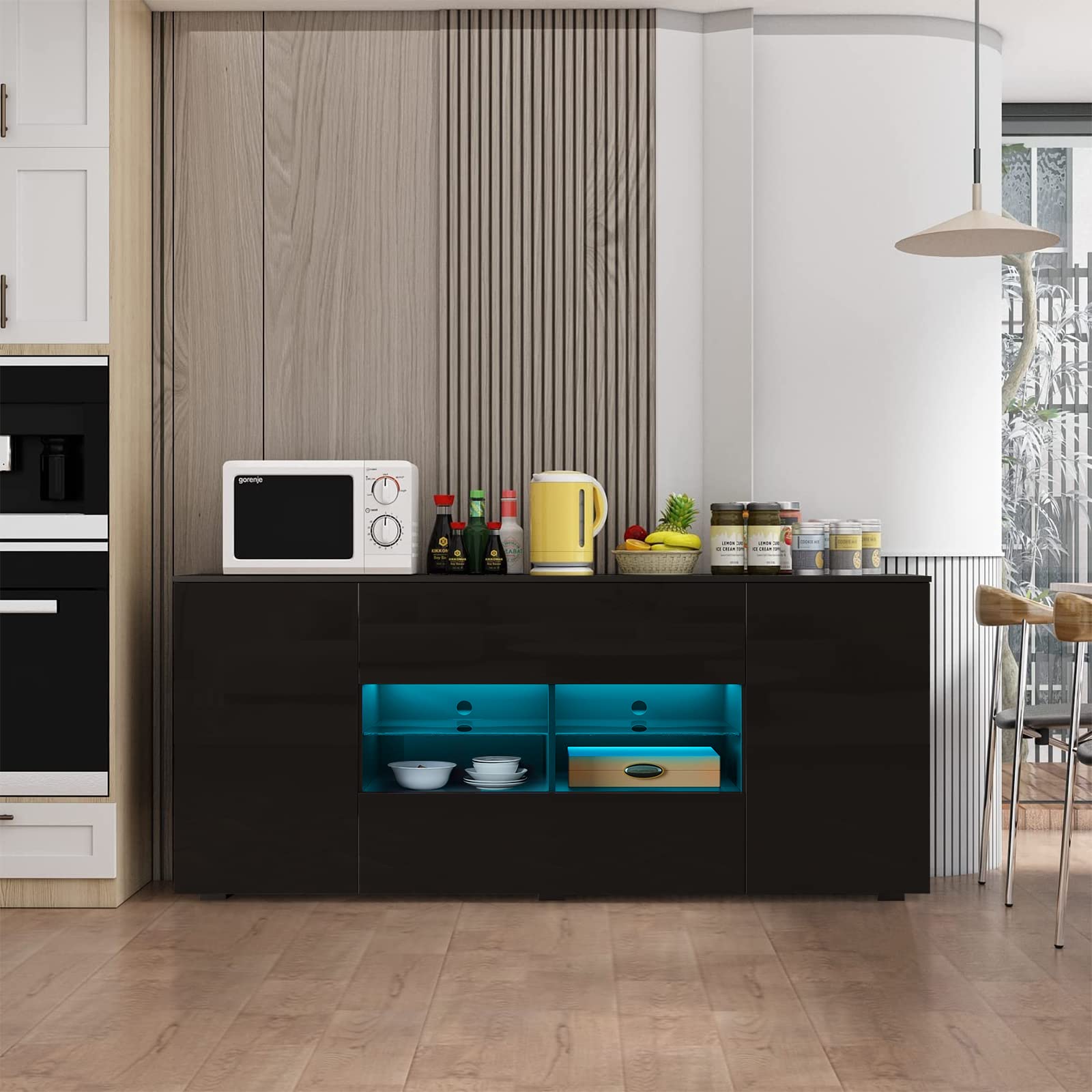 Modern LED Sideboard Cabinet - 4 Door Wooden Buffet Table & TV Stand with High Gloss Finish - Stylish Storage for Kitchen, Entryway, Living Room & Dining Room - Perfect for Entertaining & Home Organization (Black)