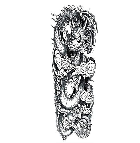 6 Sheets 3D Temporary Tattoos - Realistic Fake Tattoo Stickers Waterproof & Long Lasting - Full Arm Flower Dragon Design 17x48cm - For Adults, Women, Men, Teens & Kids - Perfect for Parties, Halloween, Cosplay & Body Art
