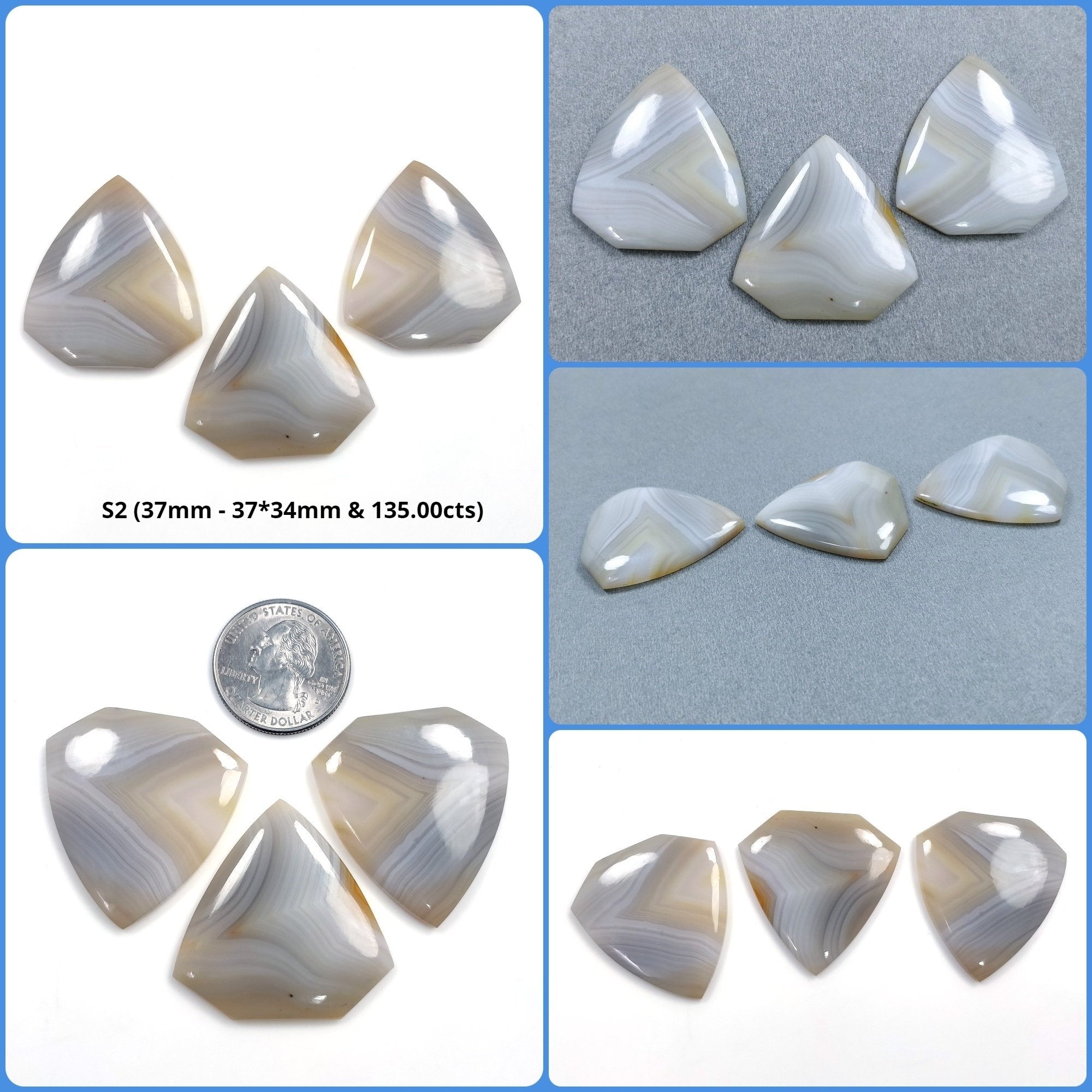 Natural Botswana Agate Gemstone Cabochon - Untreated Bi-Color Agate, 37mm (43x3mm) - 3pc & 4pc Sets for Jewelry Making, Wire Wrapping, and Healing Crystal Collections