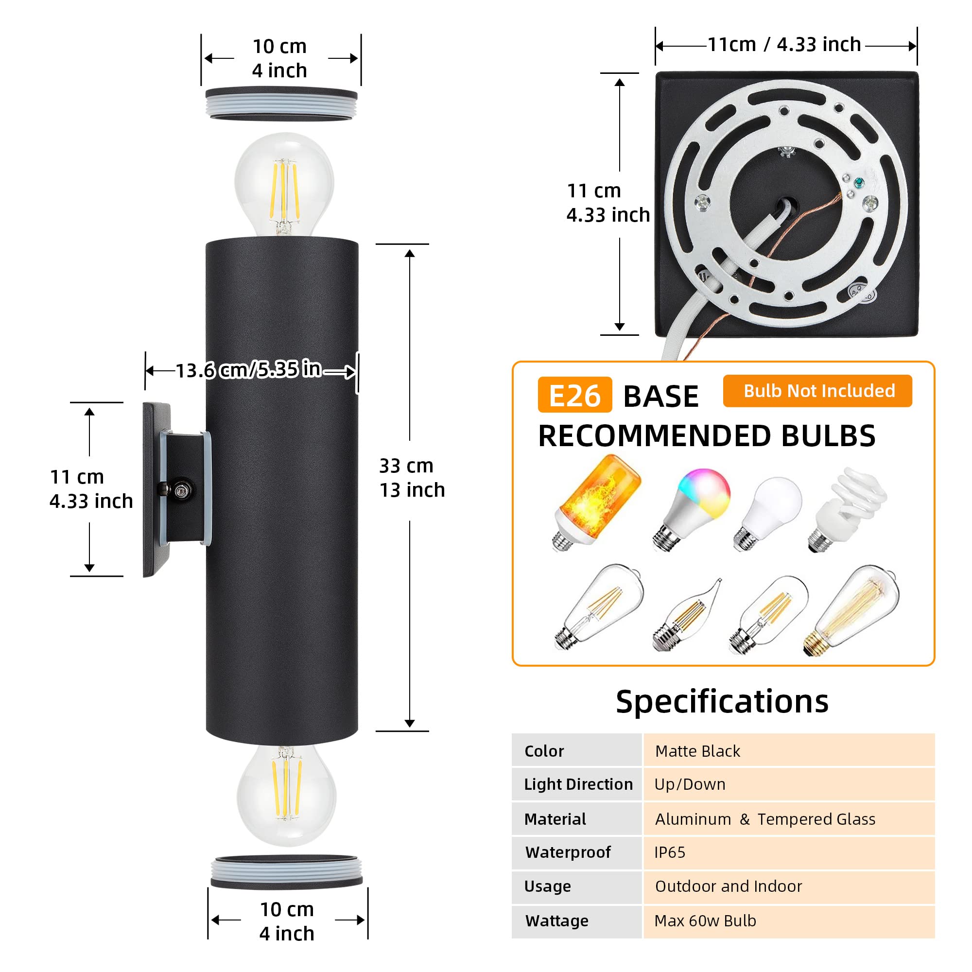 Outdoor Wall Lights with Dusk to Dawn Sensor - Matte Black Waterproof Exterior Lanterns for Porch, Patio & Garage Doorway - E26 Base Socket, Anti-Rust Up Down Lighting (Perfect for Home Security & Landscape Illumination)