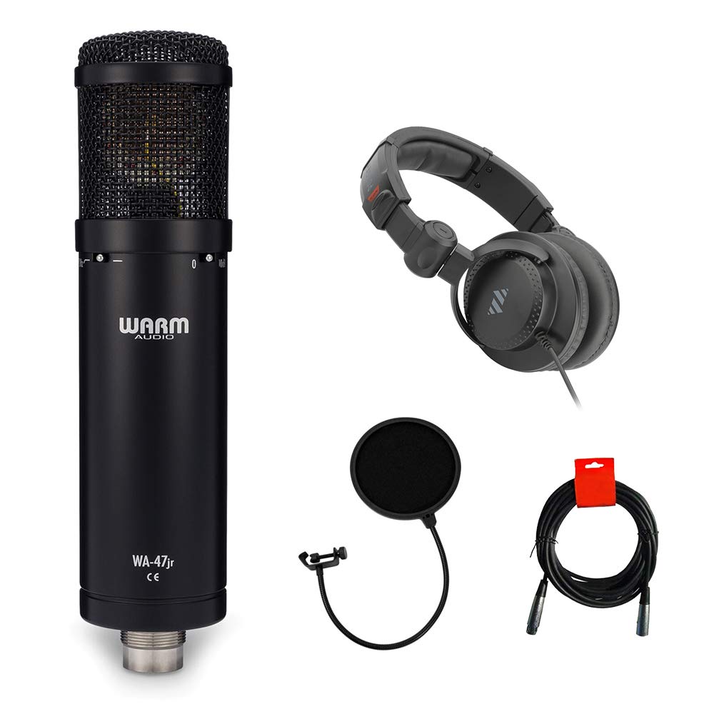 Warm Audio WA-47jr Large-Diaphragm FET Condenser Microphone with Studio Headphones, Pop Filter & XLR Cable Bundle - Professional Recording Studio Equipment for Podcasting, Voice Overs & Music Production