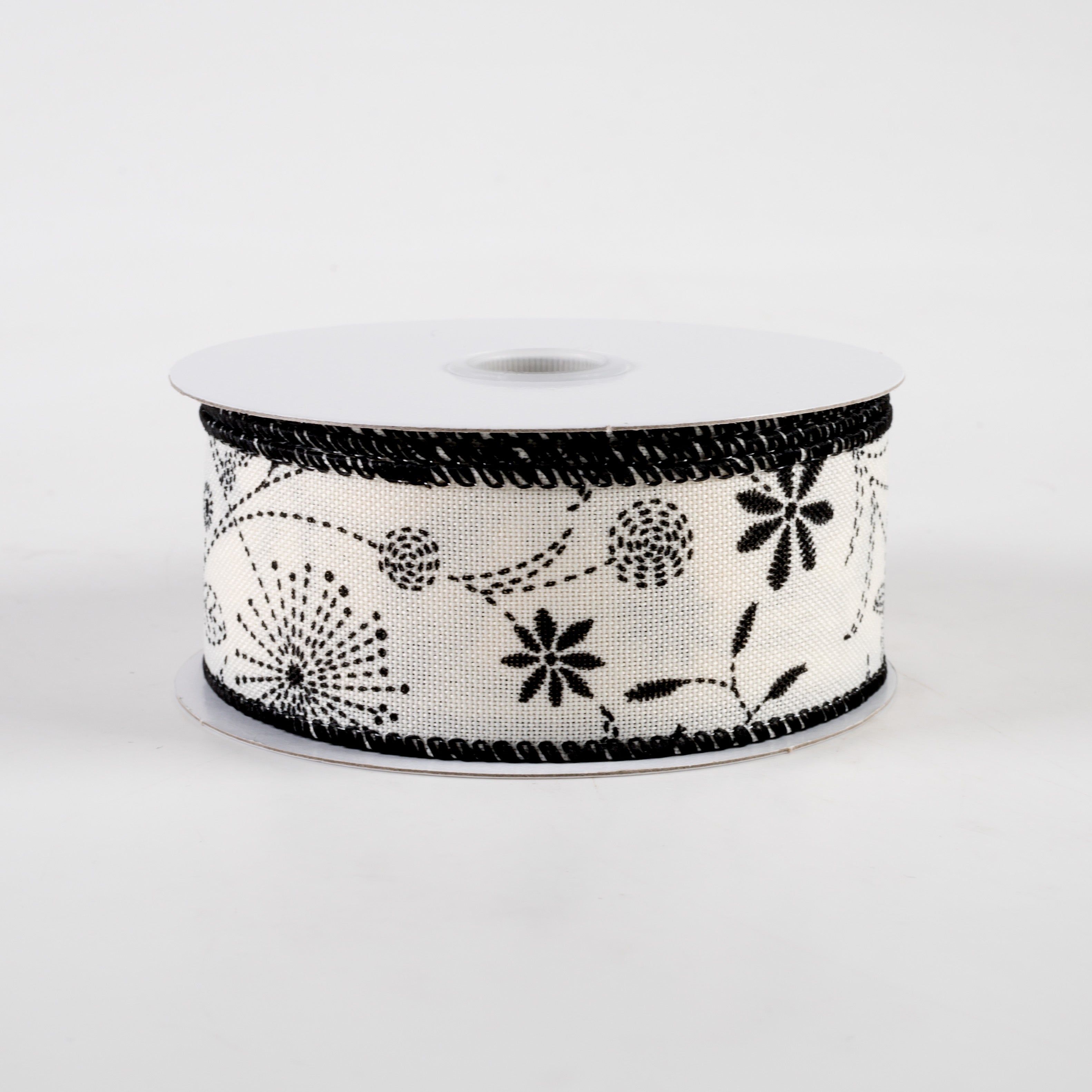 1.5 Inch Doodle Flowers Linen Ribbon - Ivory & Black (10 Yards) for DIY Crafts, Gift Wrapping, Scrapbooking & Home Decor