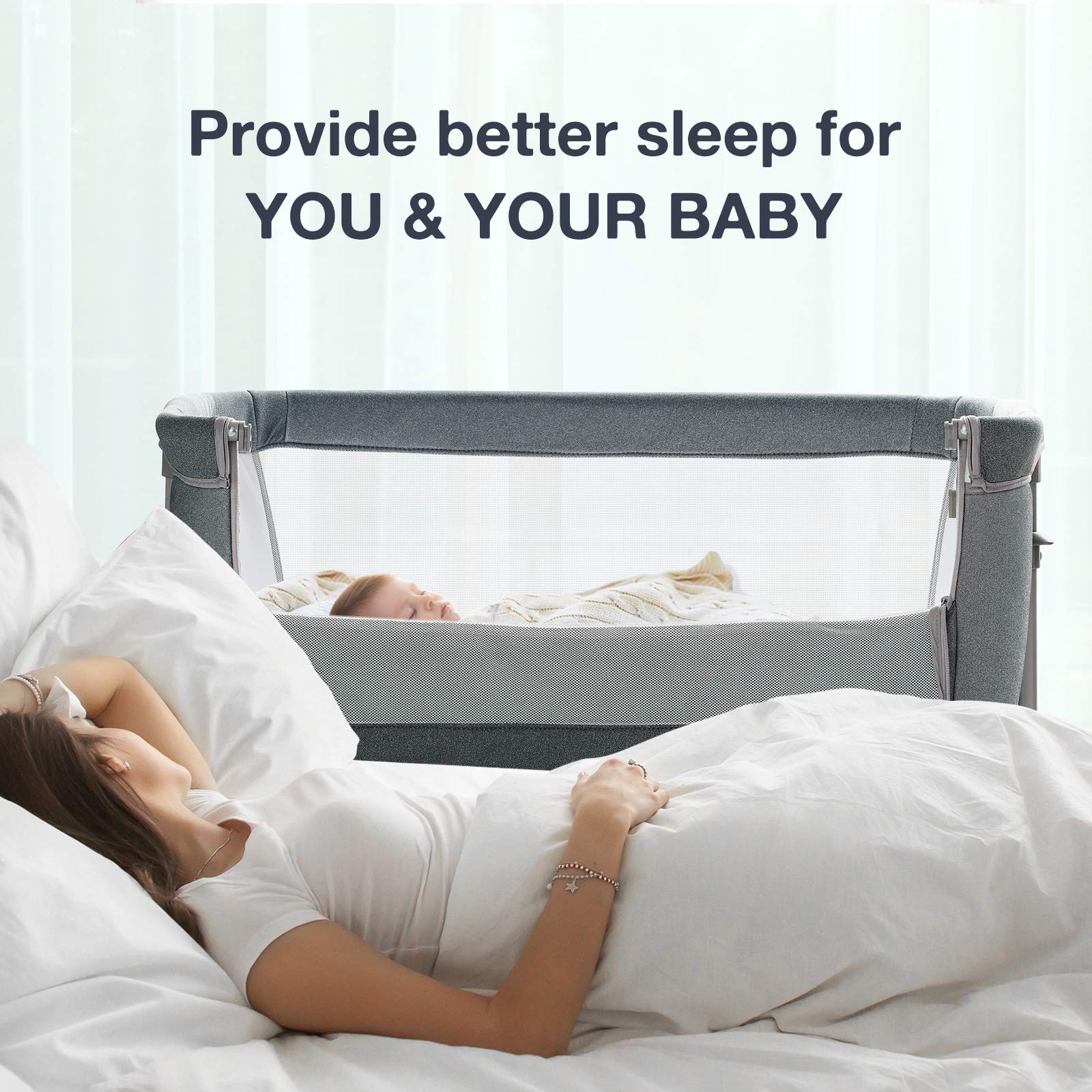 RONBEI Adjustable Baby Bassinet Bedside Sleeper - Easy to Assemble Crib for Newborns & Infants | Portable Nursery Bed with Height Adjustment | Perfect for Co-Sleeping, Bedroom & Nursery Room