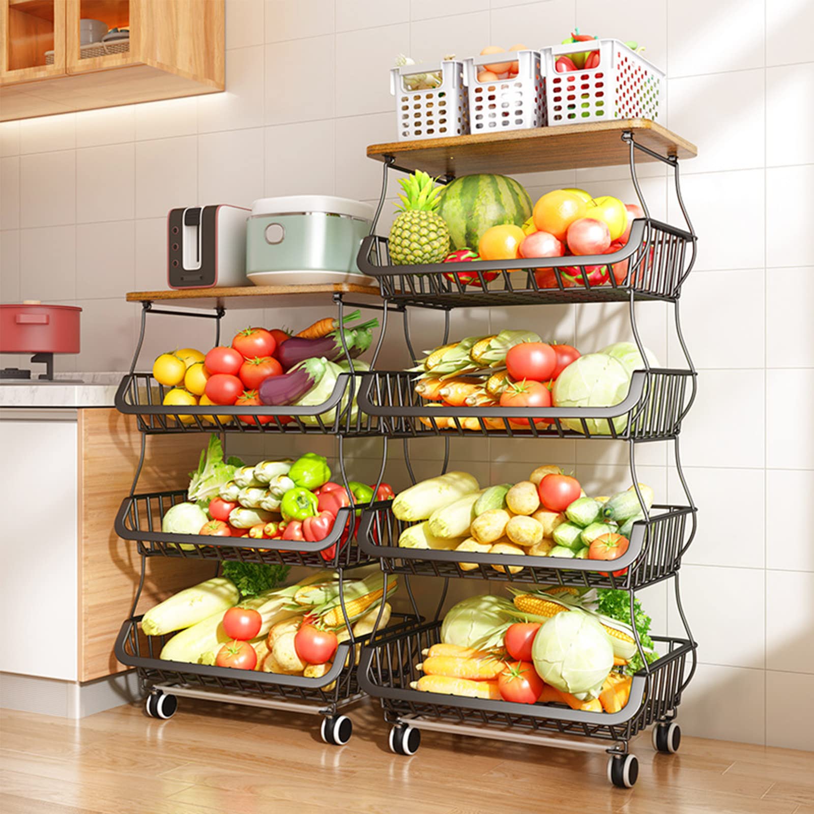 5-Tier Stackable Metal Wire Storage Basket Organizer for Kitchen - Wood Top Vegetable & Fruit Basket Stand for Onions, Potatoes, and Produce - Perfect for Pantry Organization and Countertop Storage