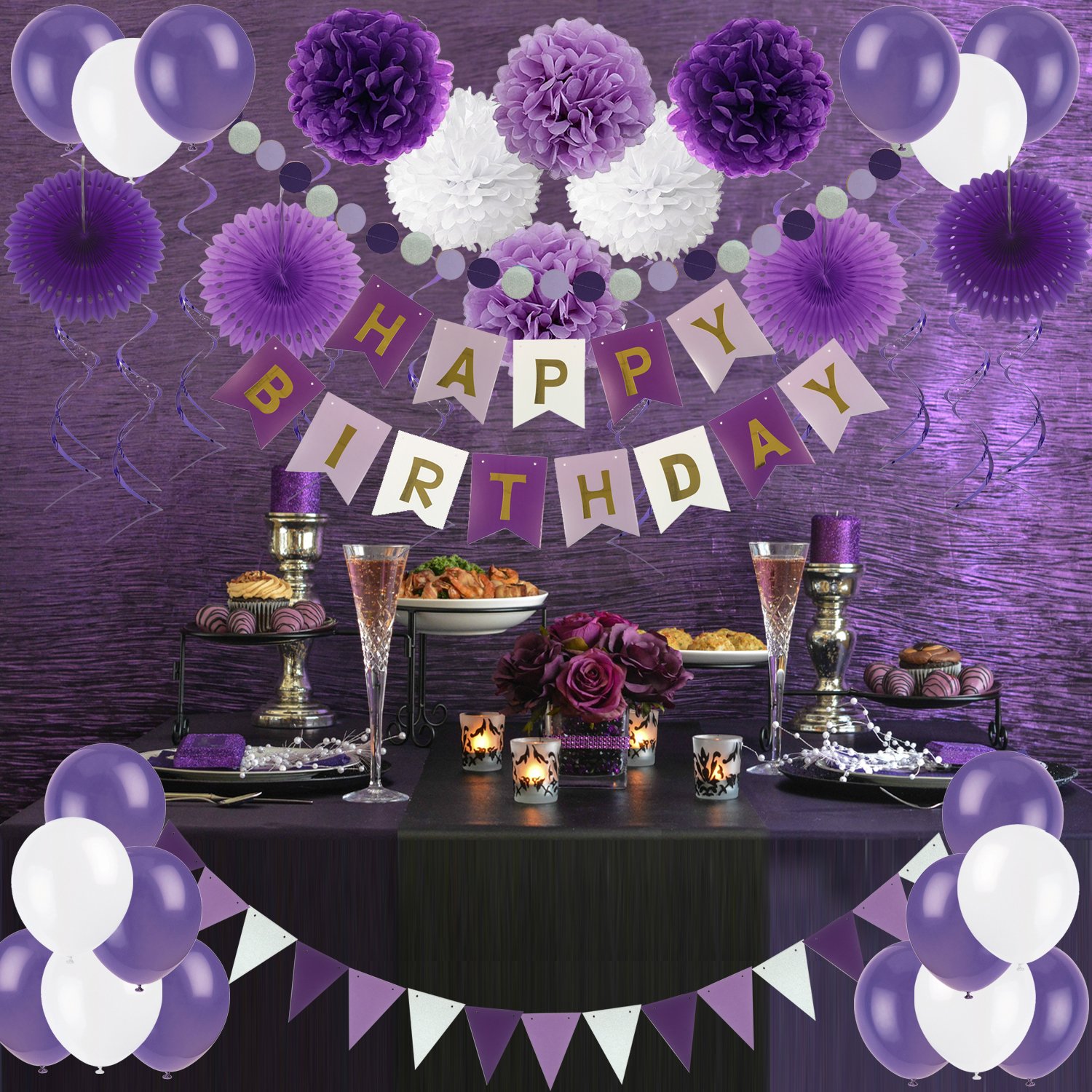 ZERODECO Birthday Party Decorations Set - Happy Birthday Banner Bunting, 4 Tissue Paper Fans, 6 Pom Poms Flowers, 10 Hanging Swirls & 20 Balloons for Indoor/Outdoor Party Decor (Purple Lavender White)