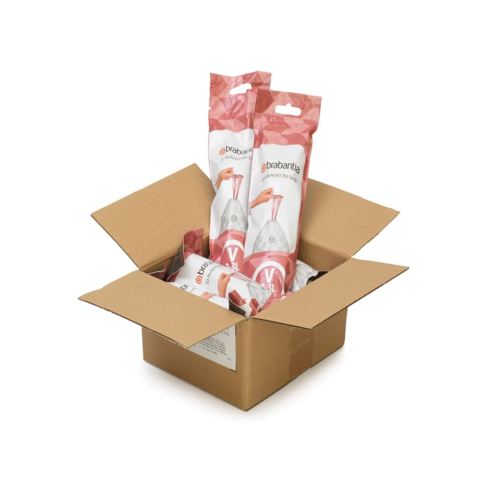 Brabantia PerfectFit Trash Bags - 200 Count, Size V (0.5-0.8 Gallon) - Thick Plastic Drawstring Trash Can Liners with Handles - Ideal for Small Bathroom, Office, or Bedroom Waste Bins