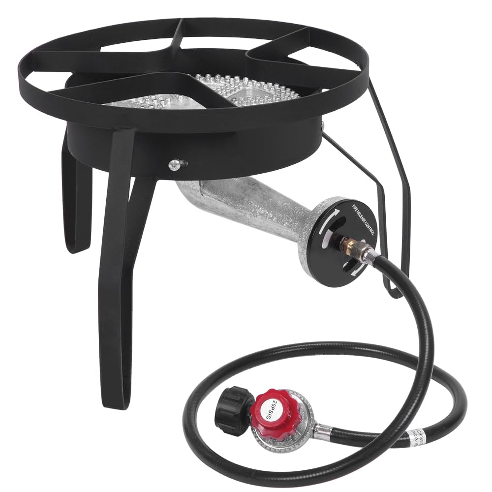 High-Powered 200,000 BTU Propane Burner for Outdoor Cooking - Heavy Duty Single Burner Stove with Adjustable 0-20 PSI Regulator & 4ft Hose - Perfect for Turkey Frying, Home Brewing, Camping & Backyard BBQs