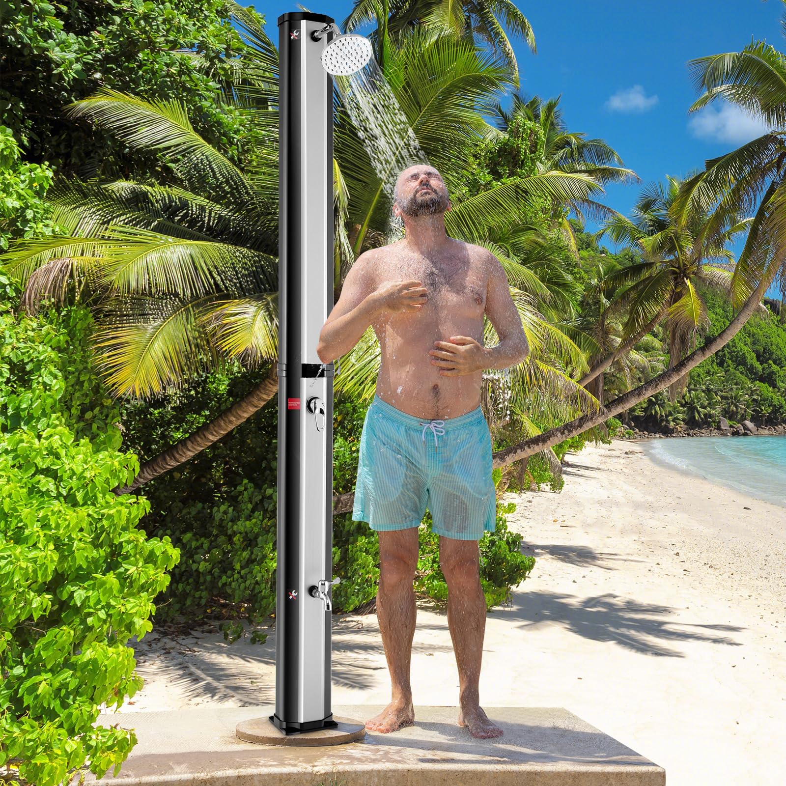 Goplus 9.3 Gallon Solar Heated Outdoor Shower - 7.2 FT Freestanding Garden Shower with 360° Swivel Shower Head, Foot Wash & Temperature Control - Perfect for Poolside, Backyard, Beach & Camping (Silver)