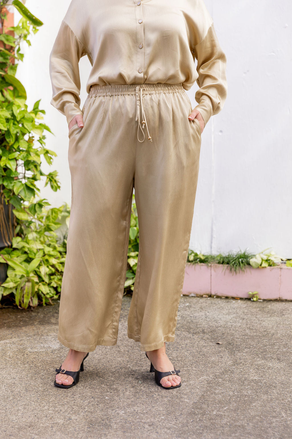 Gina Gold Satin Pants for Women - Elegant High Waist Palazzo Trousers for Party, Wedding & Evening Wear