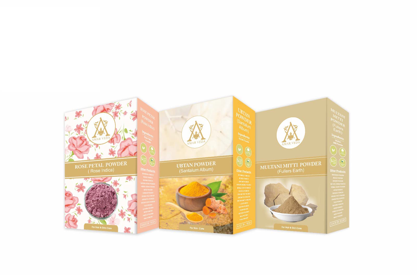 AMAR VEDA MULTANI MITTI, Rose Petal Powder & UBTAN Powder for Glowing Skin - 100g Each (Combo Pack of 3) | Natural Face Mask, Skin Brightening & Exfoliating Treatment for Daily Beauty Routine