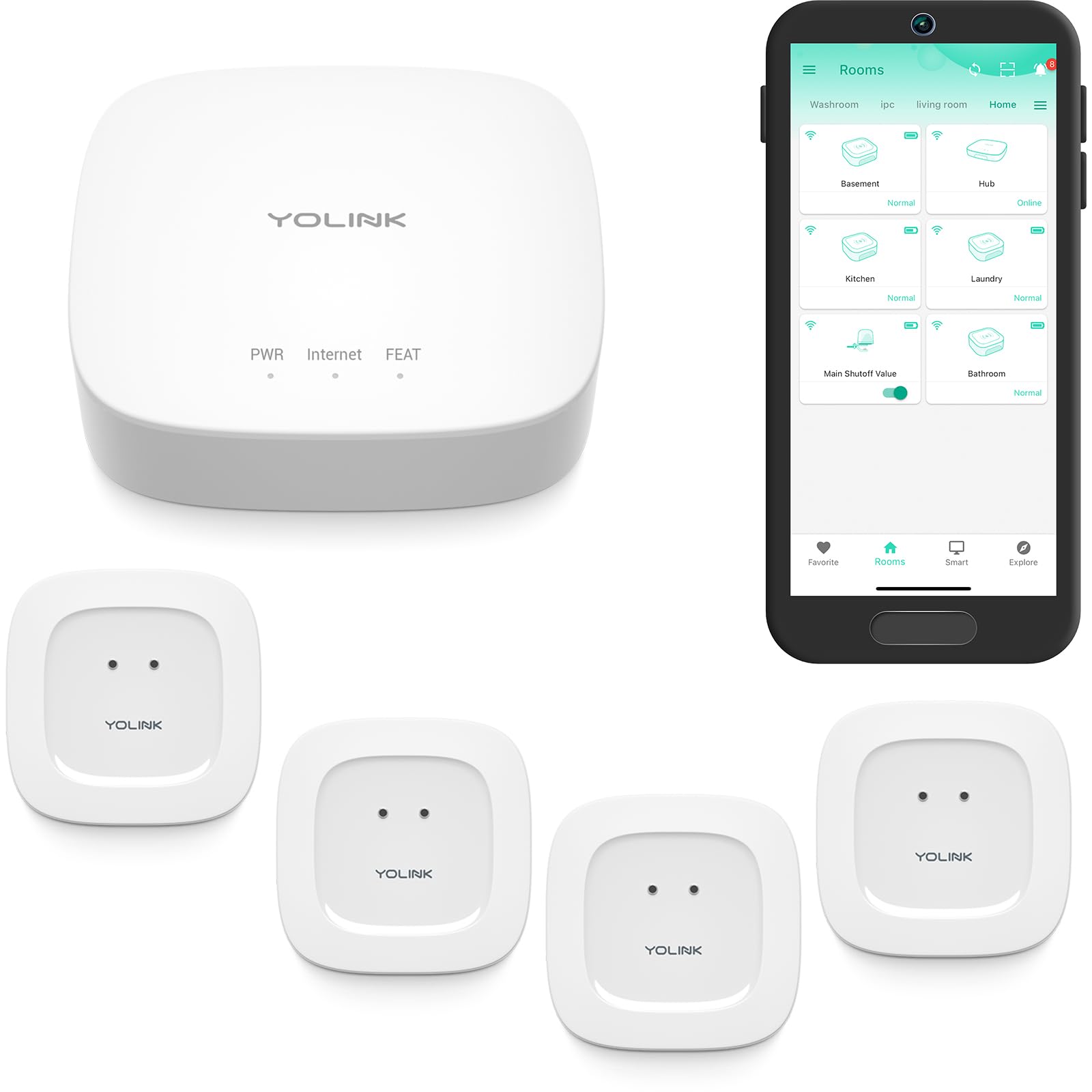 YoLink Smart Home Starter Kit with Hub & 4 Water Leak Sensors | SMS/Email/Push Alerts | 1/4 Mile LoRa Range | Alexa & IFTTT Compatible | Perfect for Basement, Bathroom & Kitchen Leak Detection