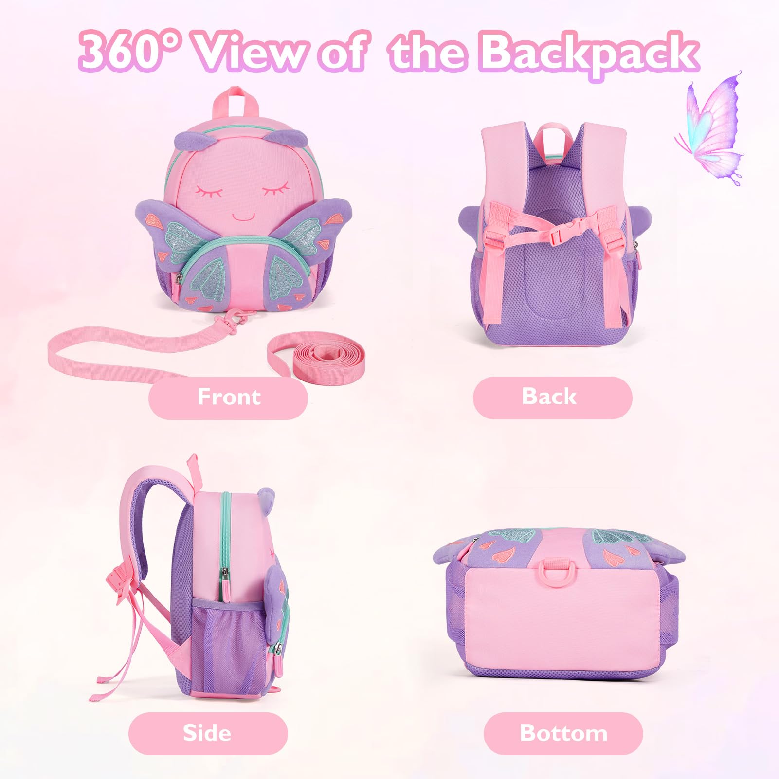 Mommore Toddler Backpack for Girls Age 2-4 | 3D Cartoon Mini Kids Travel Bag with Leash & Chest Buckle | Water-Resistant Pre-K School Backpack | Butterfly Design | Perfect for Daycare, Preschool & Family Trips