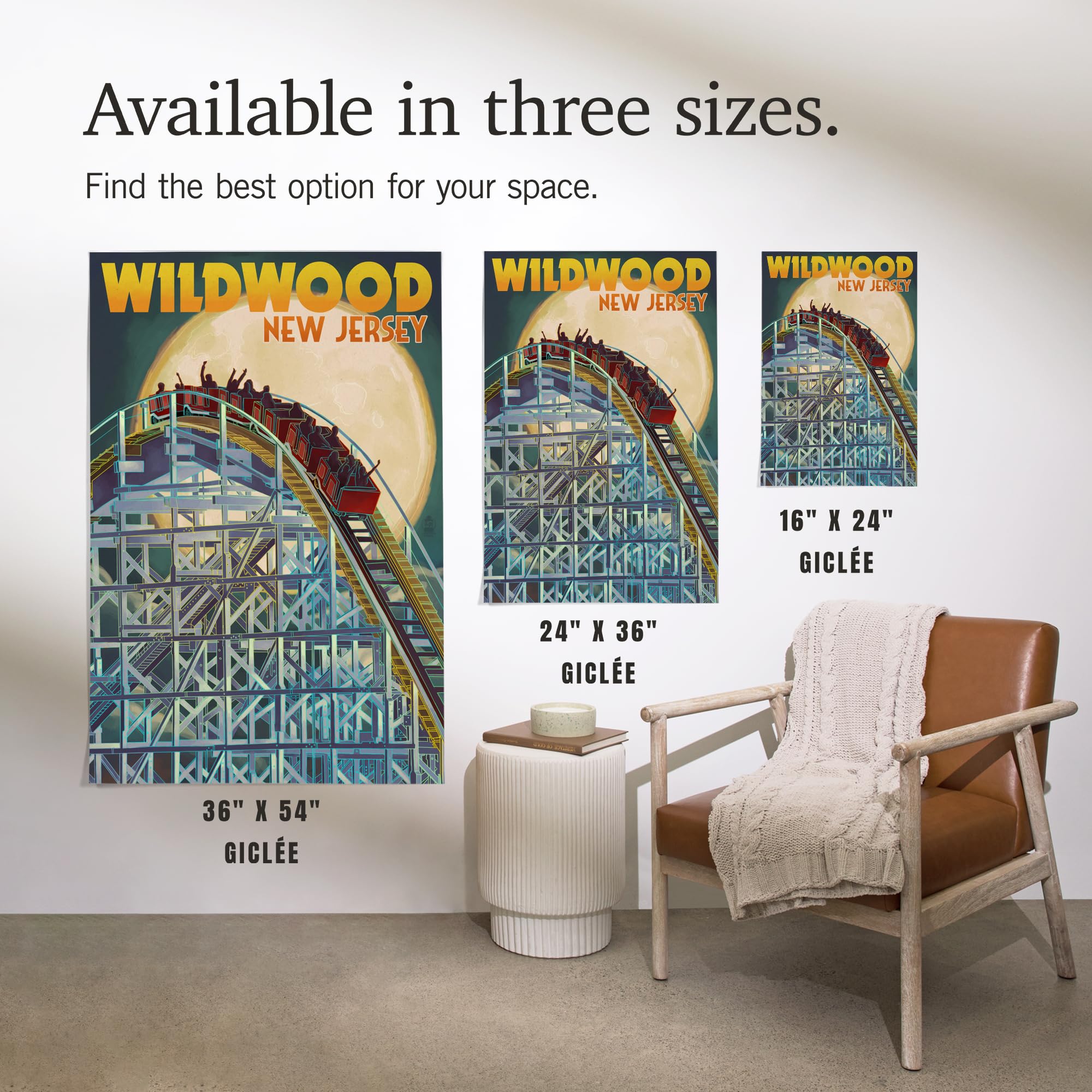 Lantern Press 16x24 Inch Giclee Art Print - Wildwood New Jersey Roller Coaster & Moon Wall Decor - Perfect for Beach House, Living Room or Office Wall Art