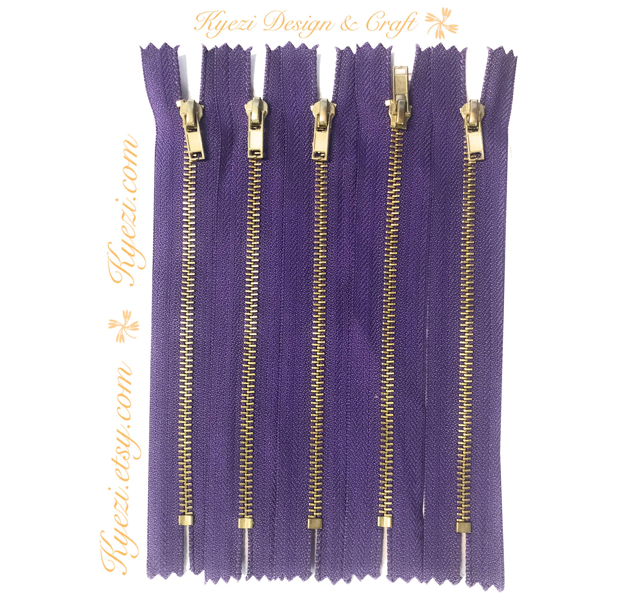 10-Pack Brass Gold Metal Teeth Zippers - Kyezi Design & Craft for DIY Projects (5 Inch, Purple) - Perfect for Handbags, Jackets & Fashion Accessories