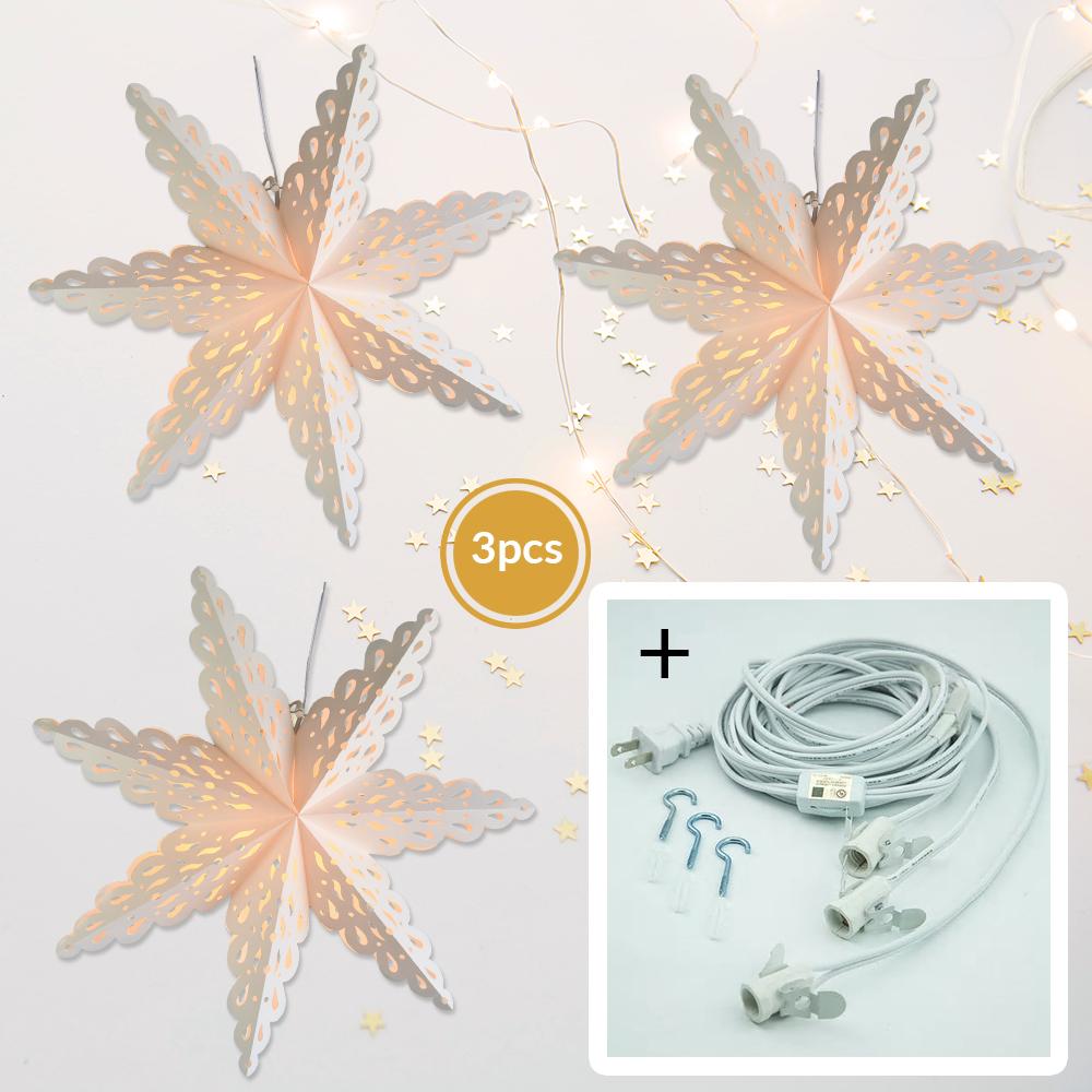 3 Pack White Winter Holiday Spirit 32 Inch Pizzelle Designer LED Star Lantern with Bulbs & Cord - Perfect for Christmas Decor, Home Party, and Indoor/Outdoor Lighting